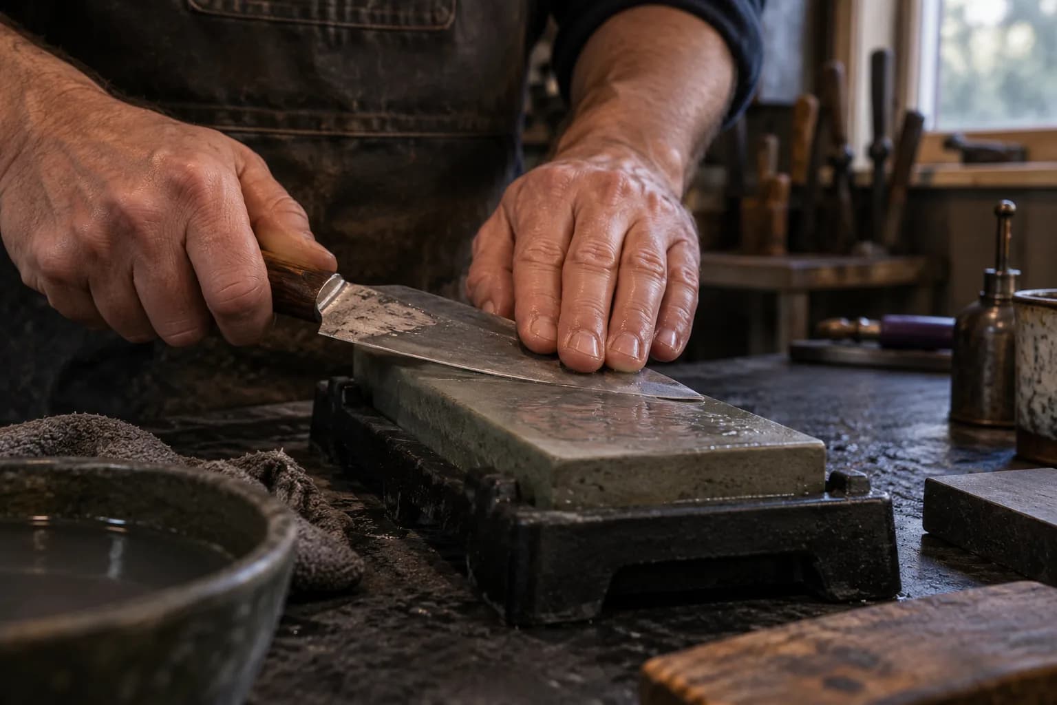 Hands draw a plain knife across a wet bench stone held in a black cradle, fingers resting on the blade flat.