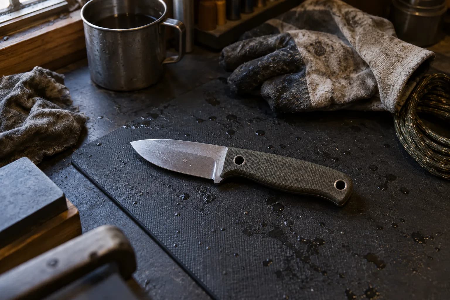 Plain fixed-blade utility knife lies on a wet black rubber mat beside a damp work glove, a coil of cord and a steel mug.