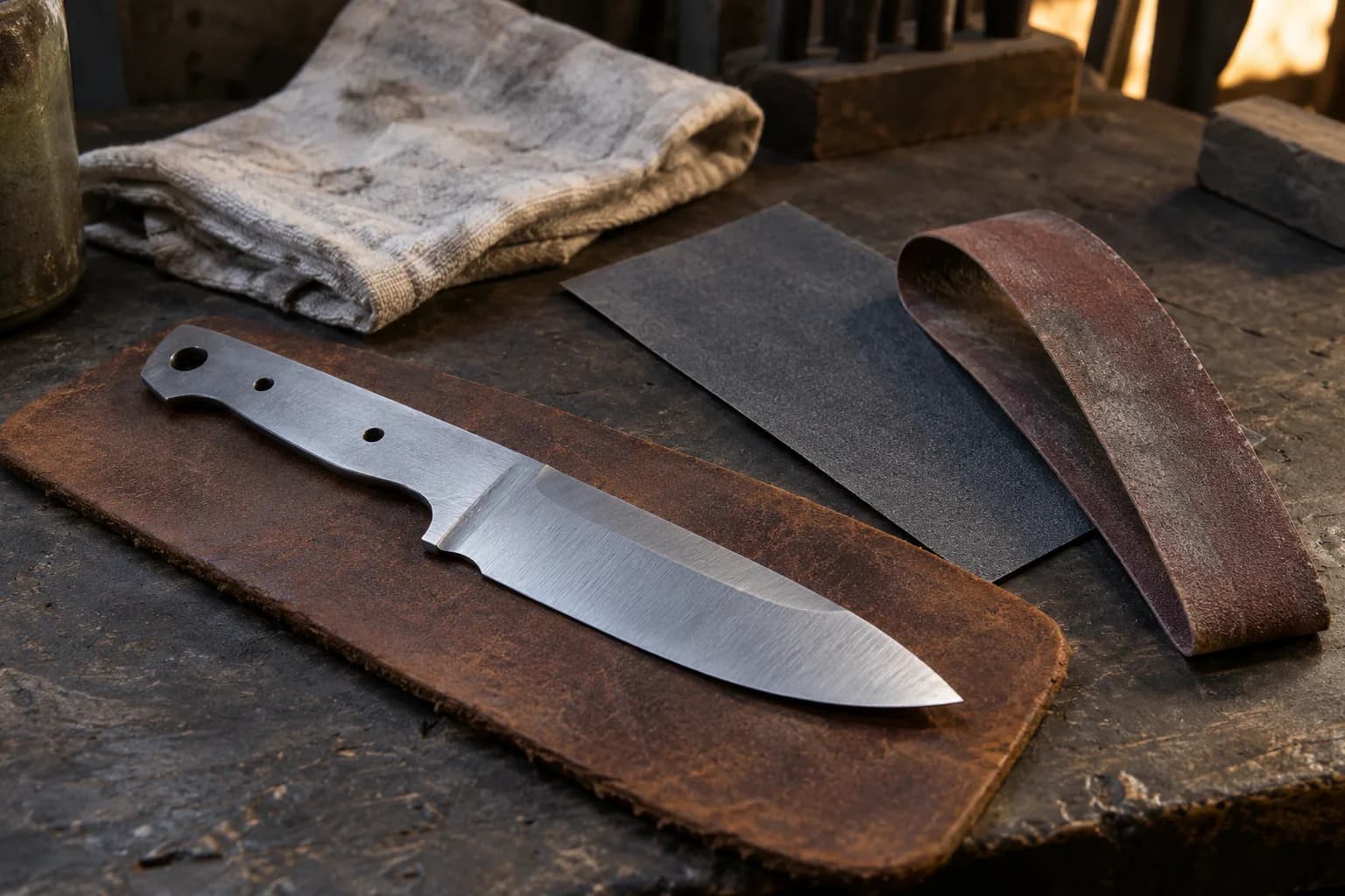 Ground knife blank on a leather pad beside a fine abrasive sheet, a worn belt strip and a folded cloth.