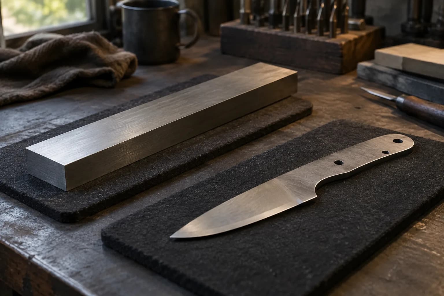 Satin-finished flat stock bar on one black felt pad and a cold knife blank with pin holes on another, in a small shop.