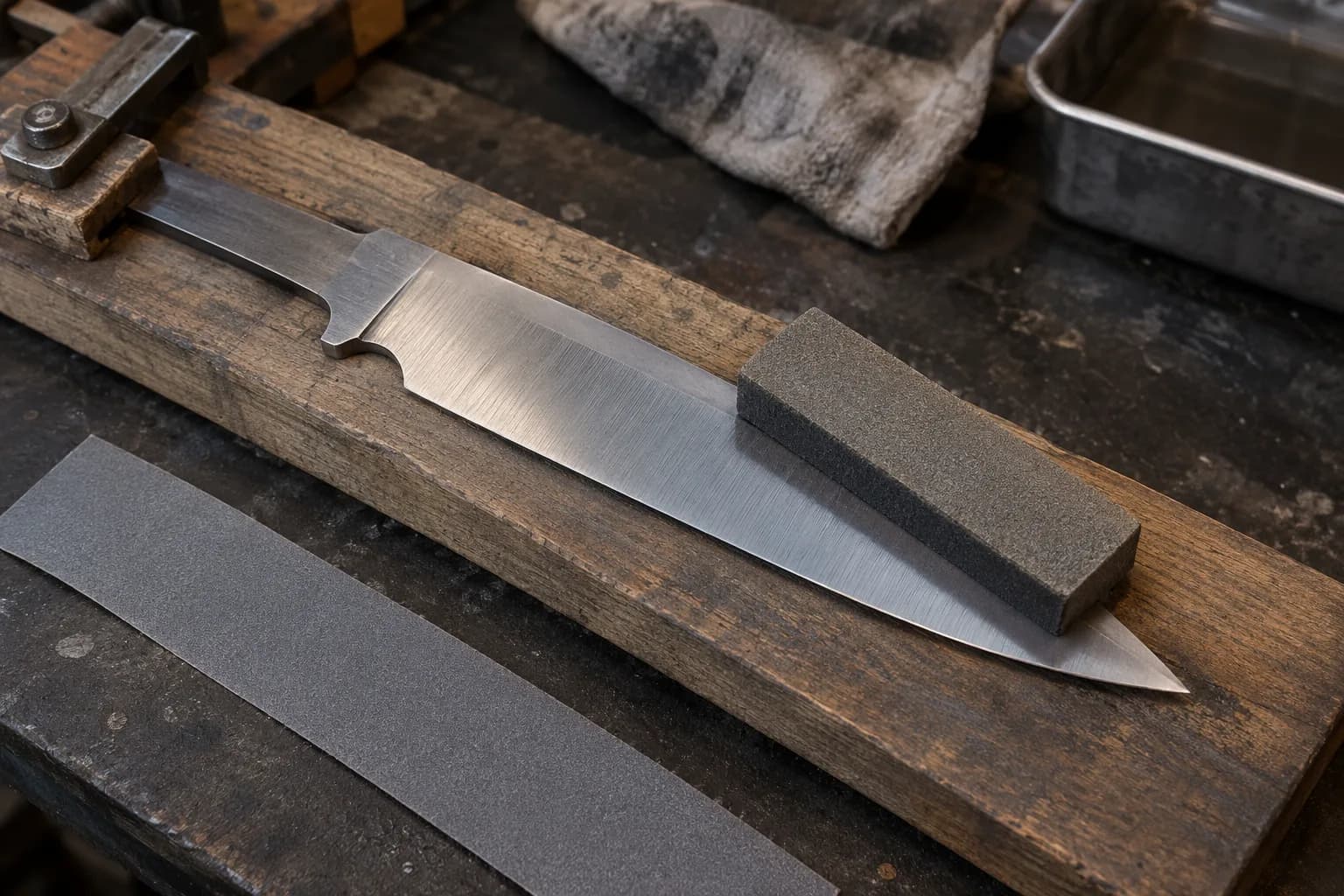 Cold knife blade with a fine lengthwise scratch finish, tang clamped to a wood board, an abrasive block on the bevel and a grit strip beside it.
