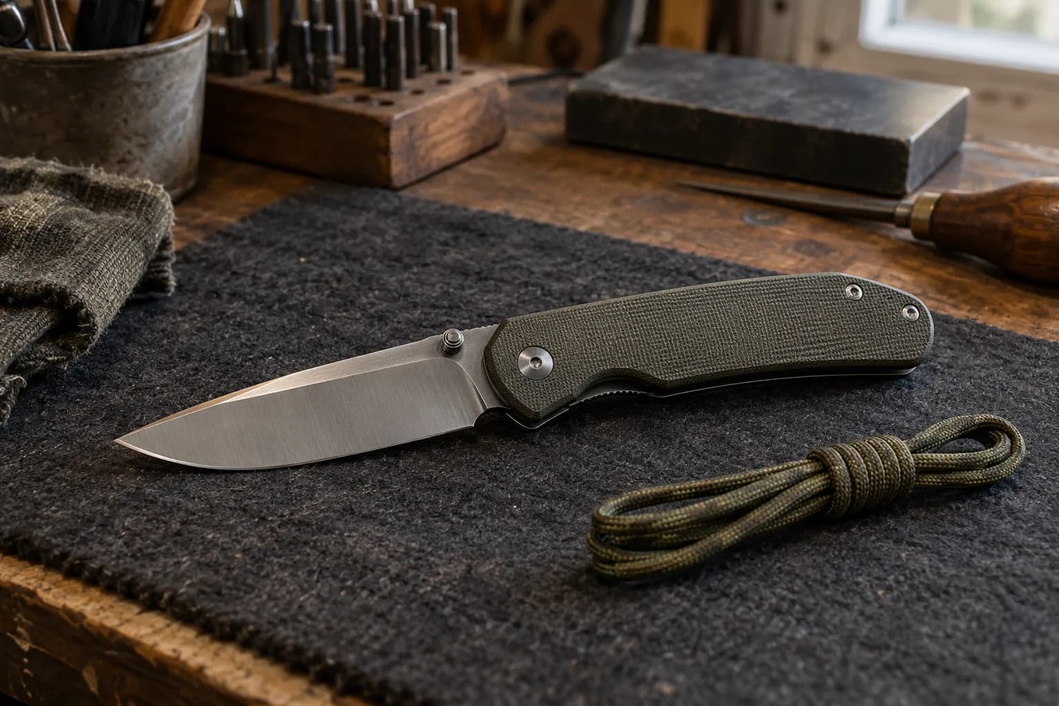 Open everyday folding knife with a satin drop-point blade and green textured handle on a charcoal pad beside coiled cord.