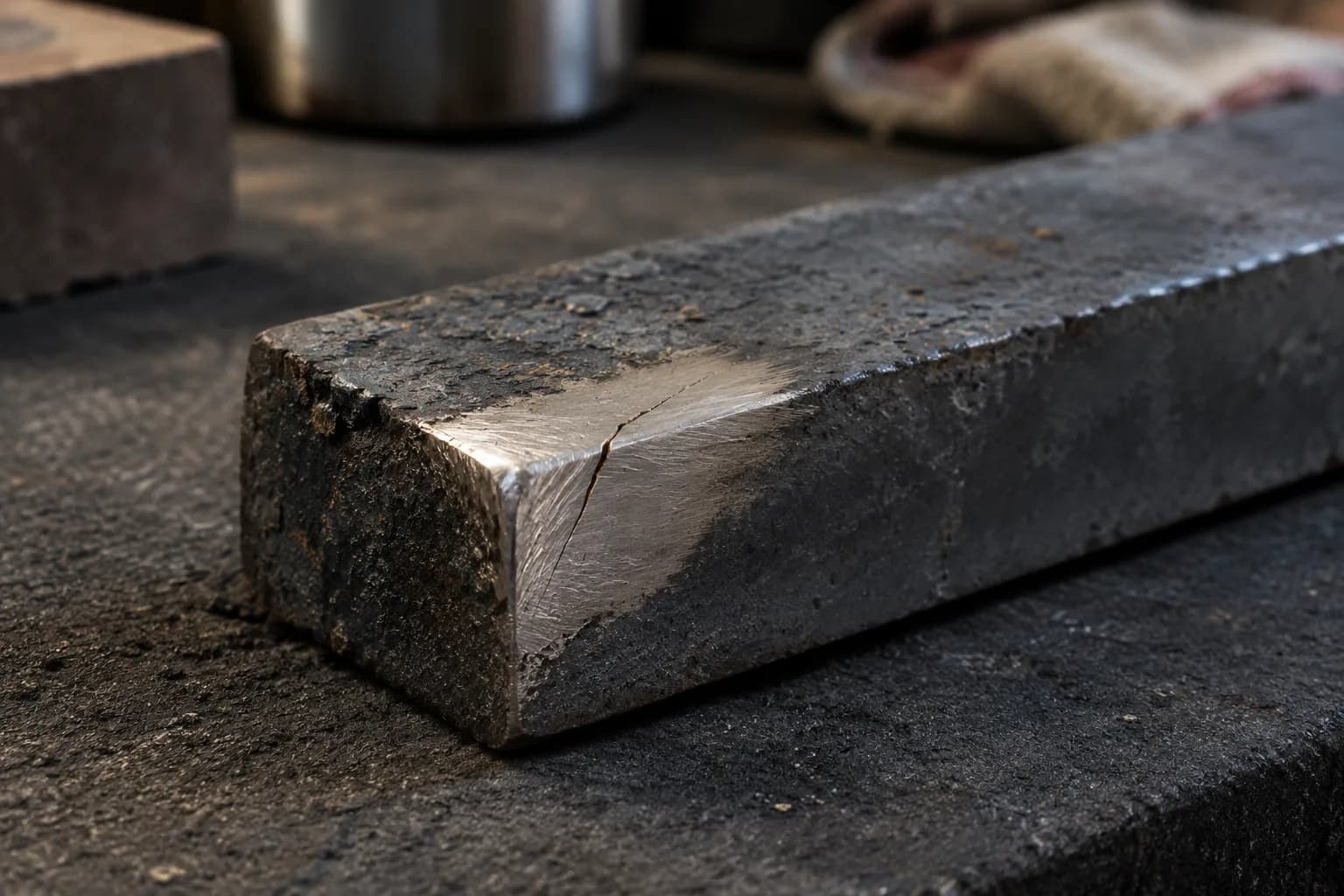 Cold forged steel bar on a dark bench with a ground corner window showing a fine hairline crack