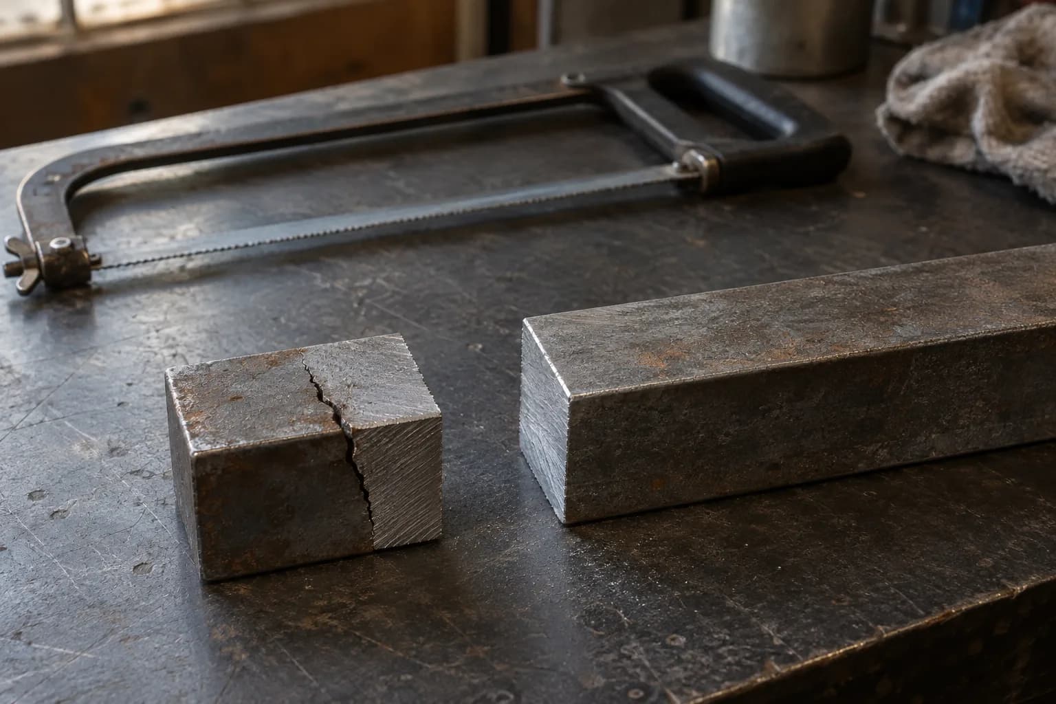 Short cracked steel offcut lying apart from a sound square bar, with a hand hacksaw behind on a dark bench