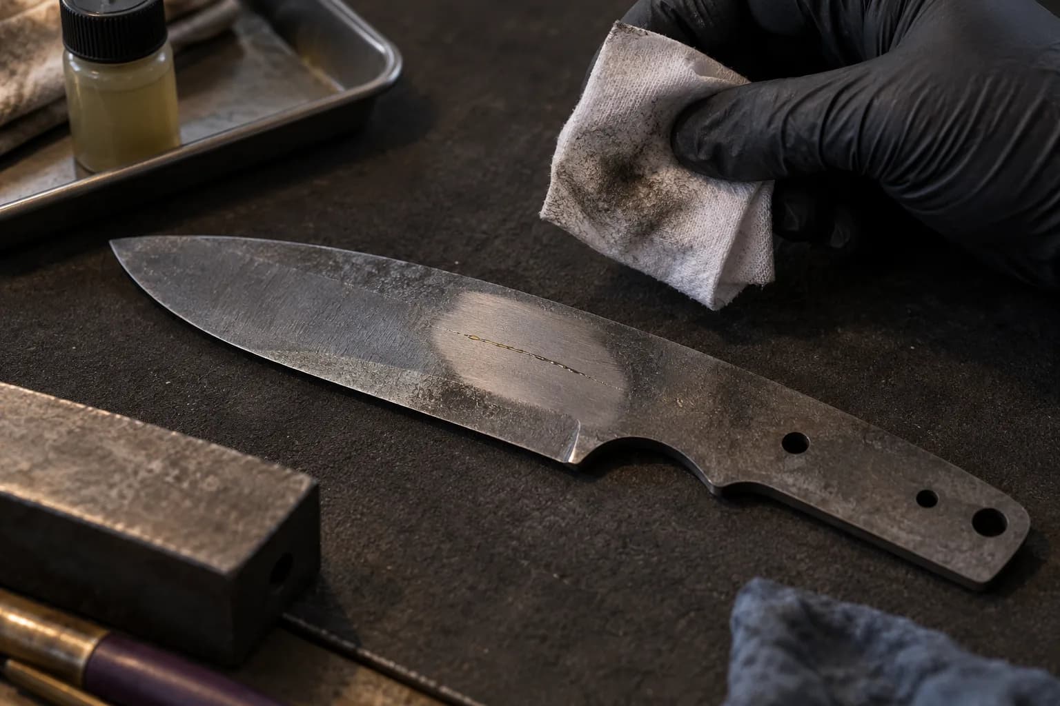 Gloved hand holds a grimy wipe beside a blade blank whose wiped window shows a hairline crack with amber oil along it.
