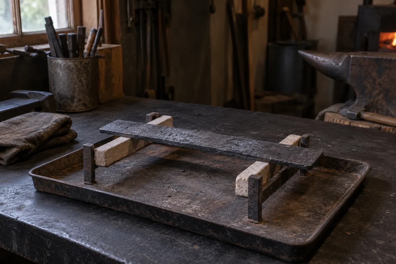 Rough-forged flat steel bar resting on two ceramic crossbars of an open iron rack, standing in a tray on a dark bench.
