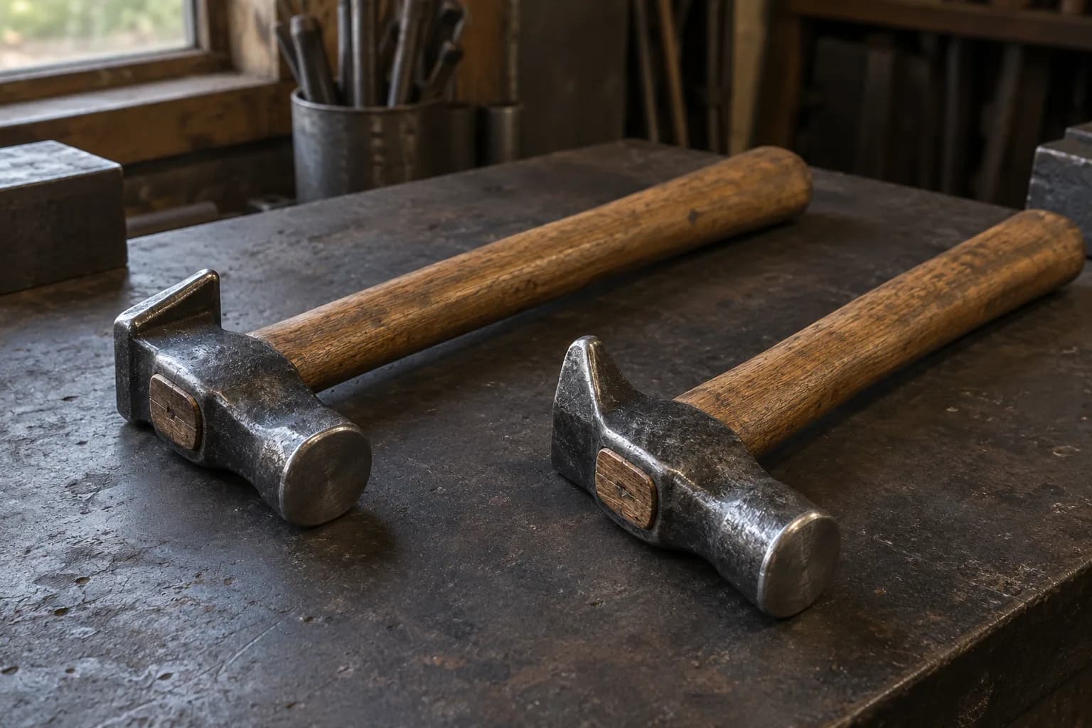 Two peen hammers on a dark steel bench; one peen edge lies along its handle, the other stands upright across it.
