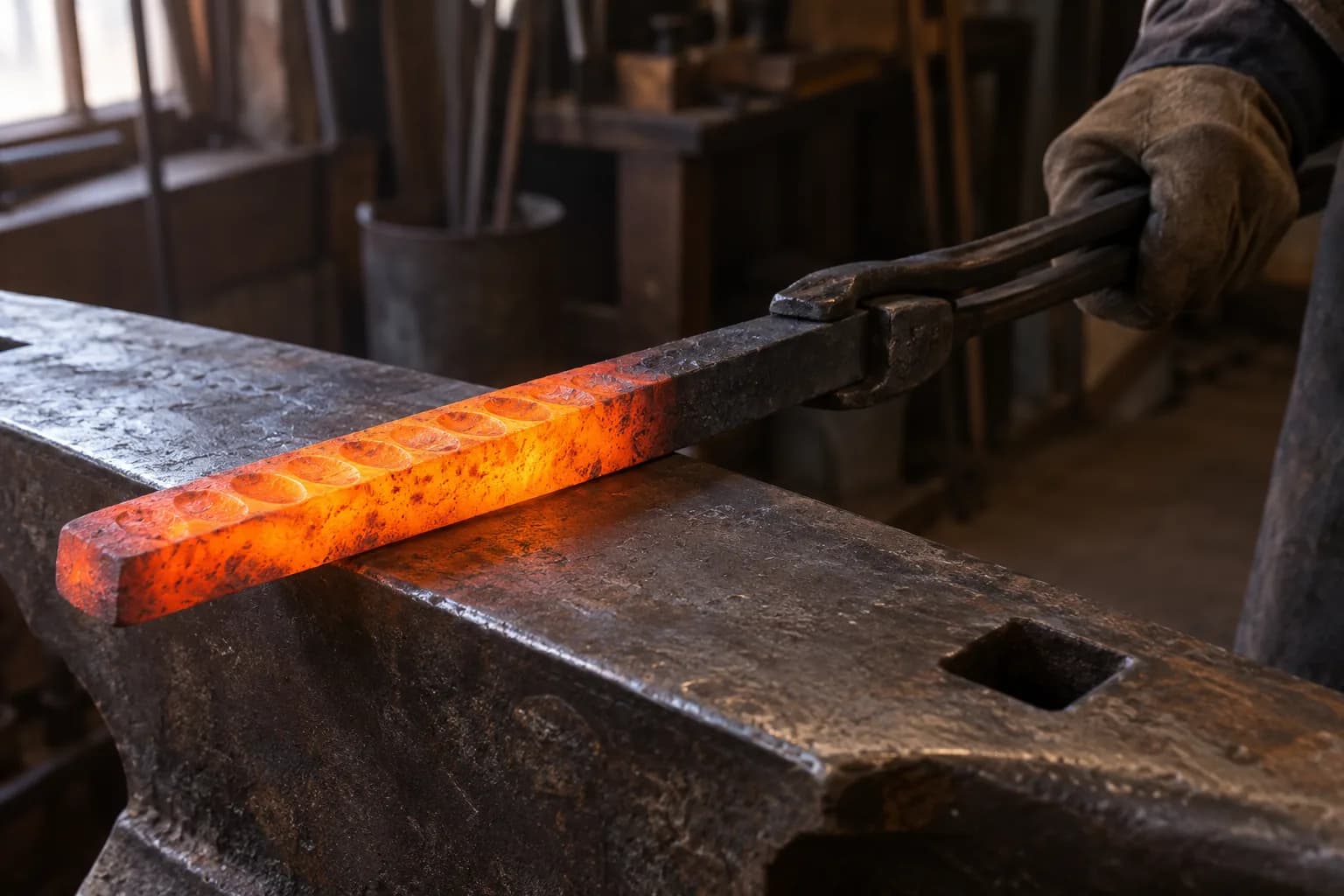 Orange-hot flat steel bar on an anvil, held by long tongs in a gloved hand, with overlapping peen dimples along its length.