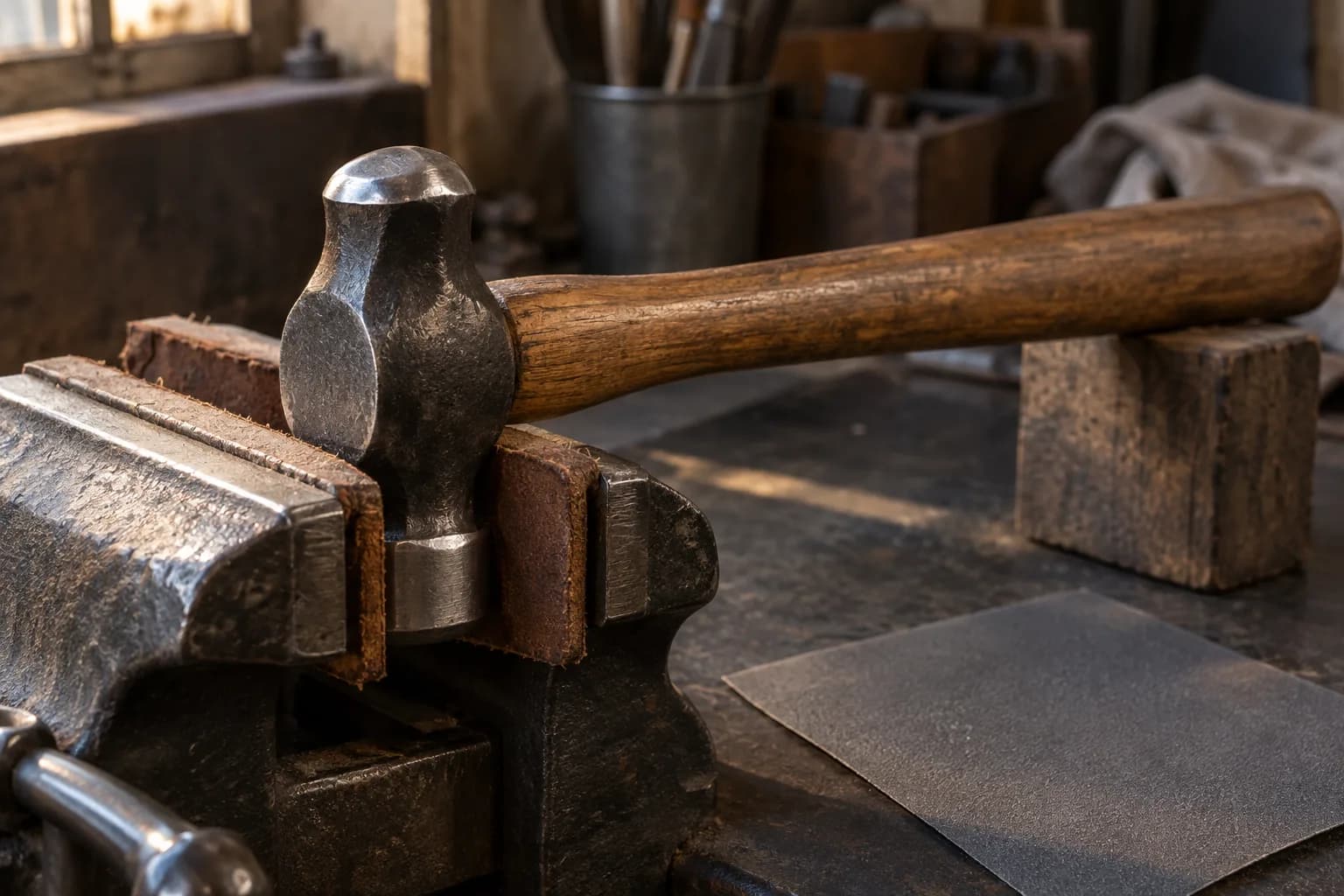 Hammer head clamped in leather-lined vise jaws, its rounded polished peen up, handle on a wood block, abrasive sheet nearby.
