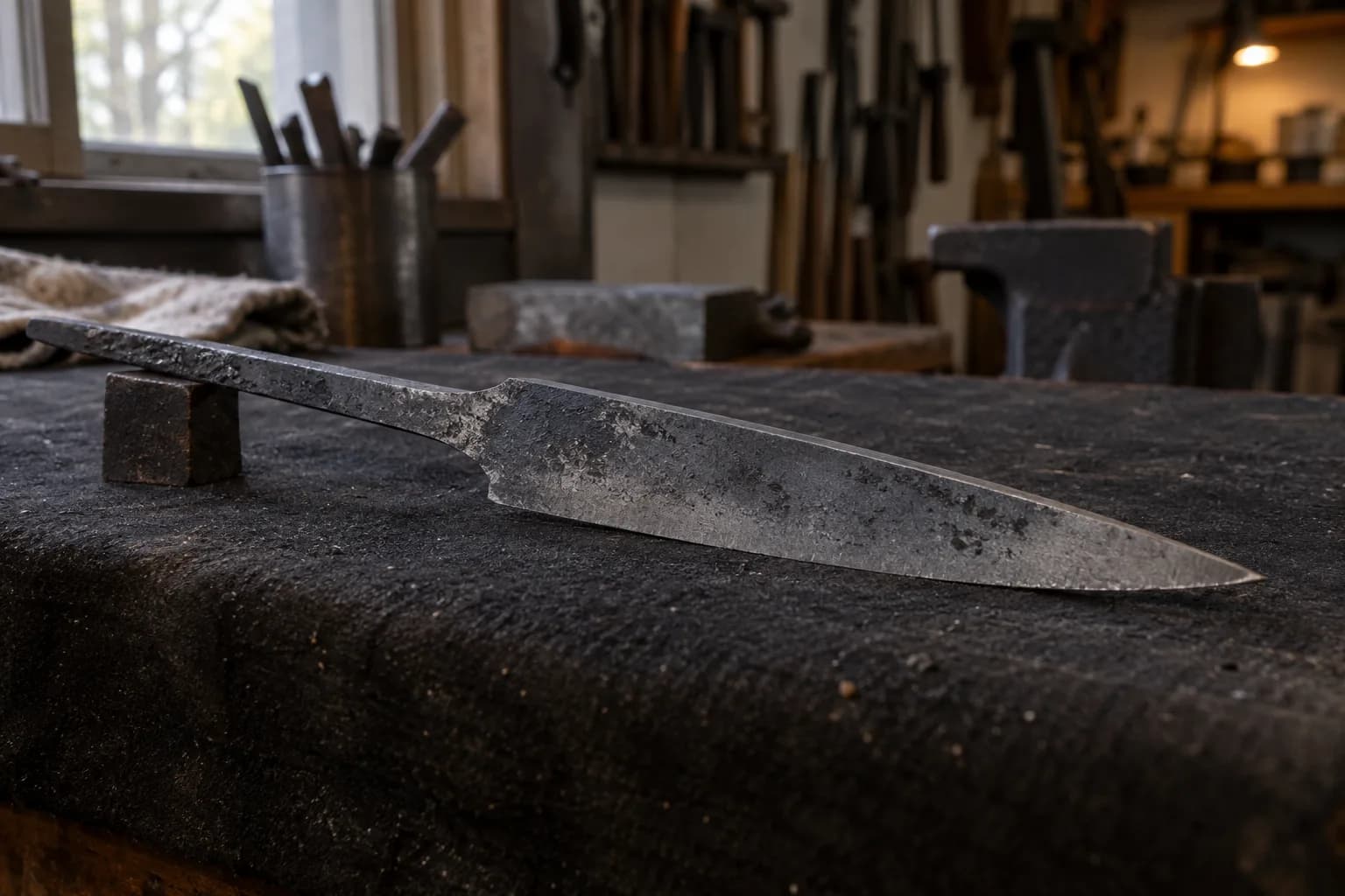 Cold forged knife blank with a narrow drawn tang propped on a small block, lying on a dark bench pad in a small shop