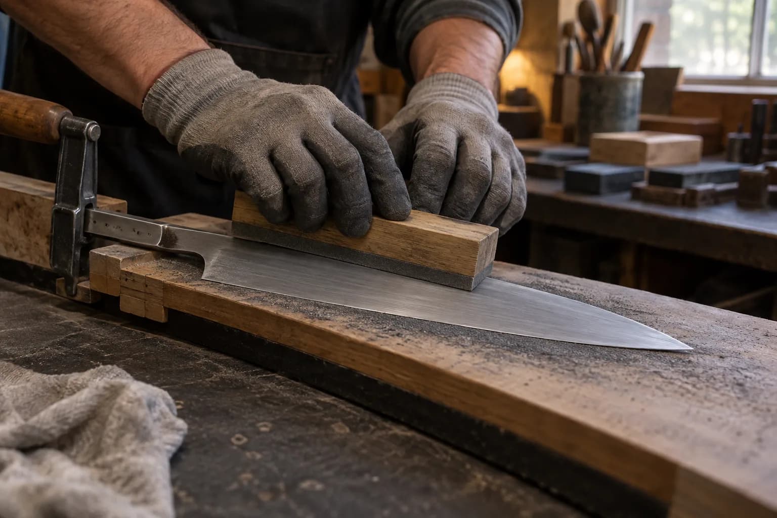 Gloved hands draw a flat sanding block along a clamped kitchen knife blank on a wooden board dusted with gray grit.