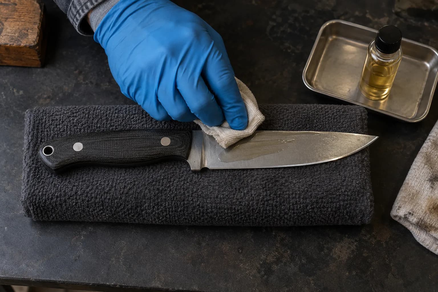 Blue nitrile-gloved hand wipes oil along the flat of a hunting knife lying on a folded dark towel, oil bottle in a tray.