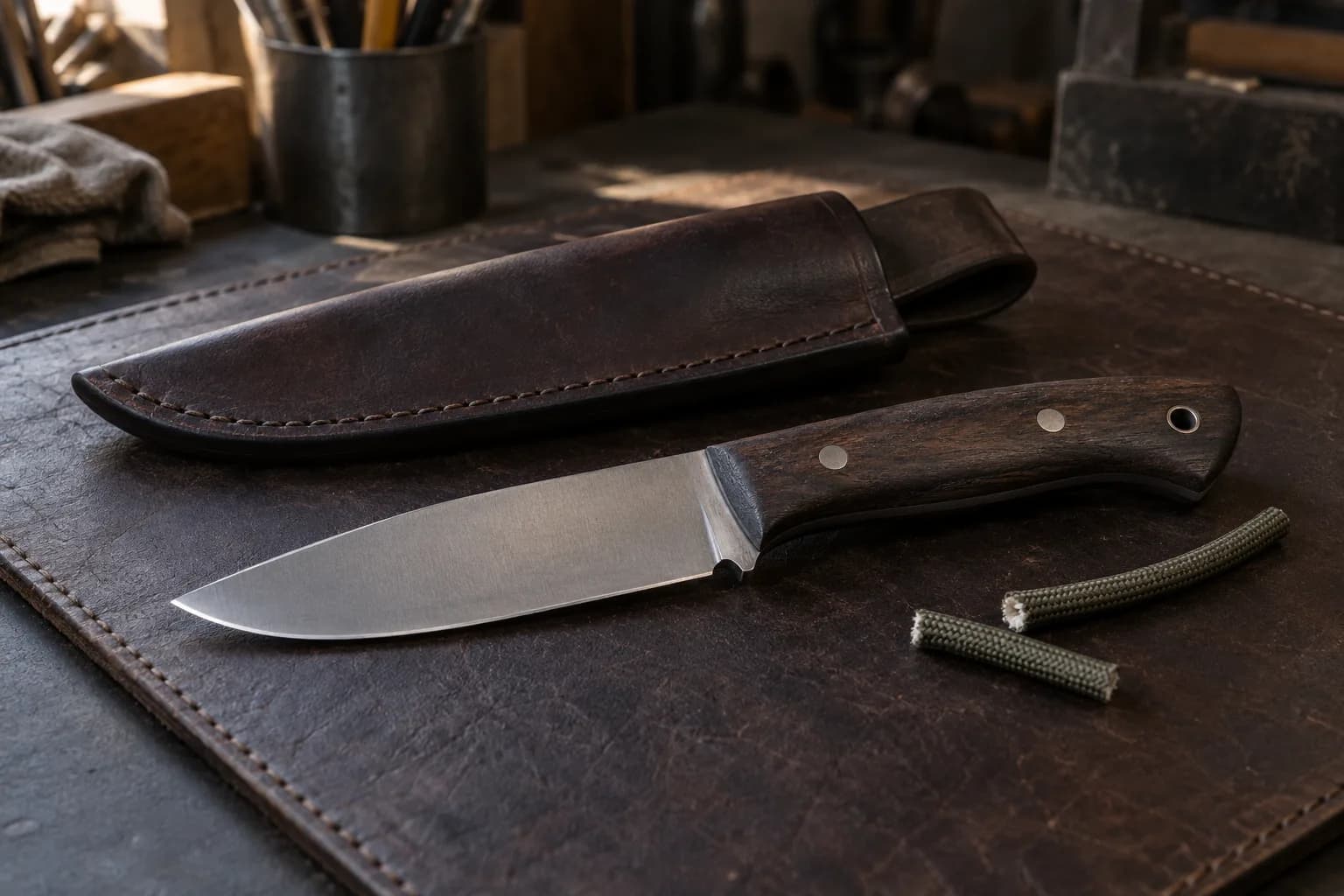 Drop-point hunting knife with a dark wood handle lies on a leather pad beside a stitched sheath and two cut lengths of cord.