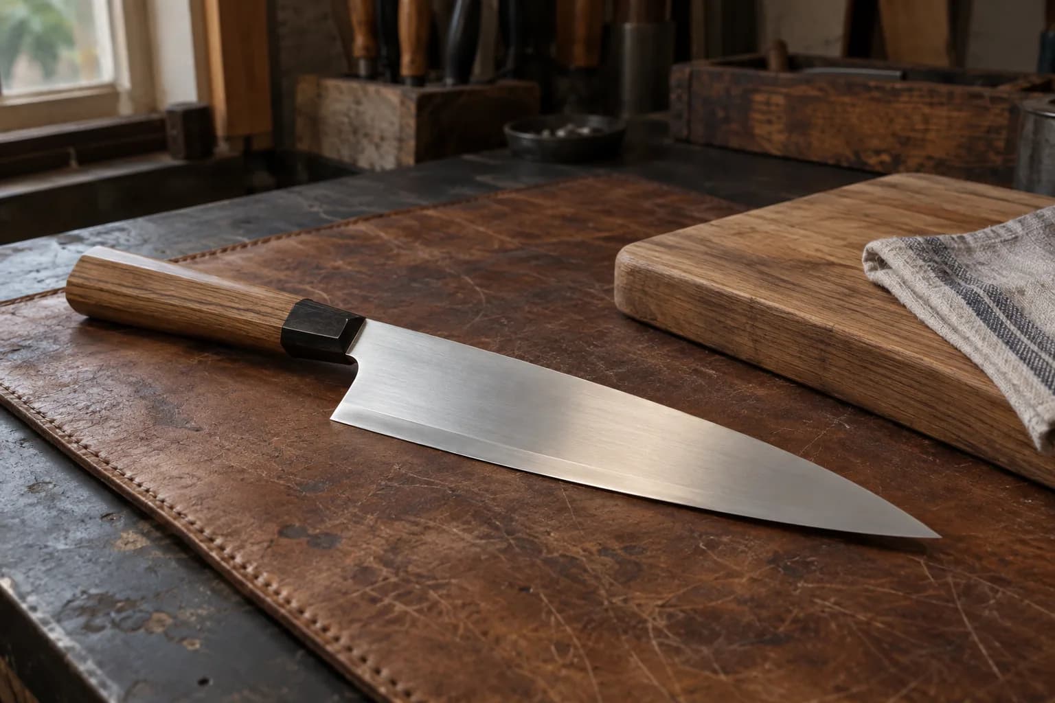 Flat-ground AEB-L kitchen knife with an octagonal wood handle lies on worn leather beside a wooden board and folded linen cloth.