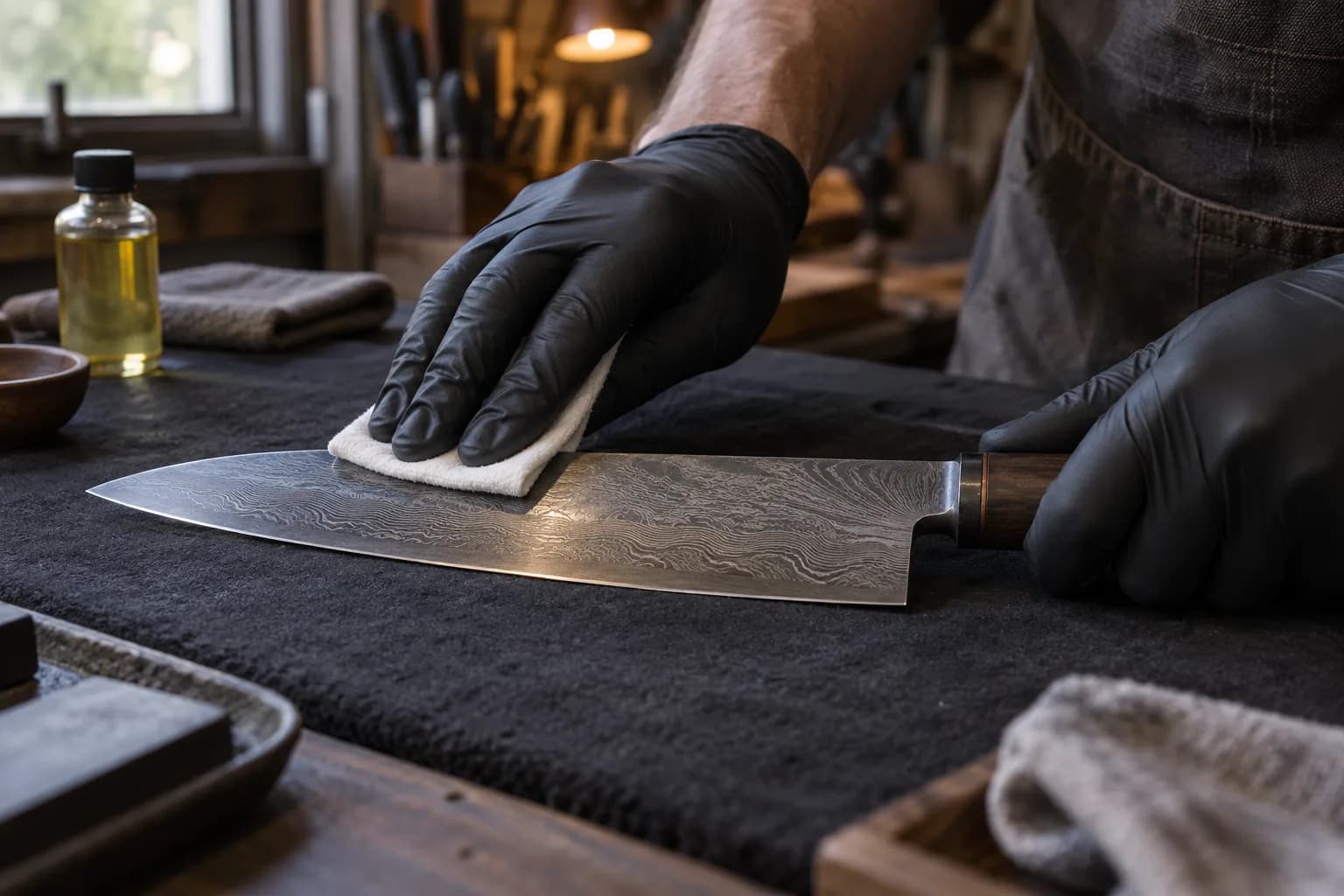 Gloved hand wiping a cloth over a damascus chef's knife lying flat on black felt, with a small oil bottle behind.
