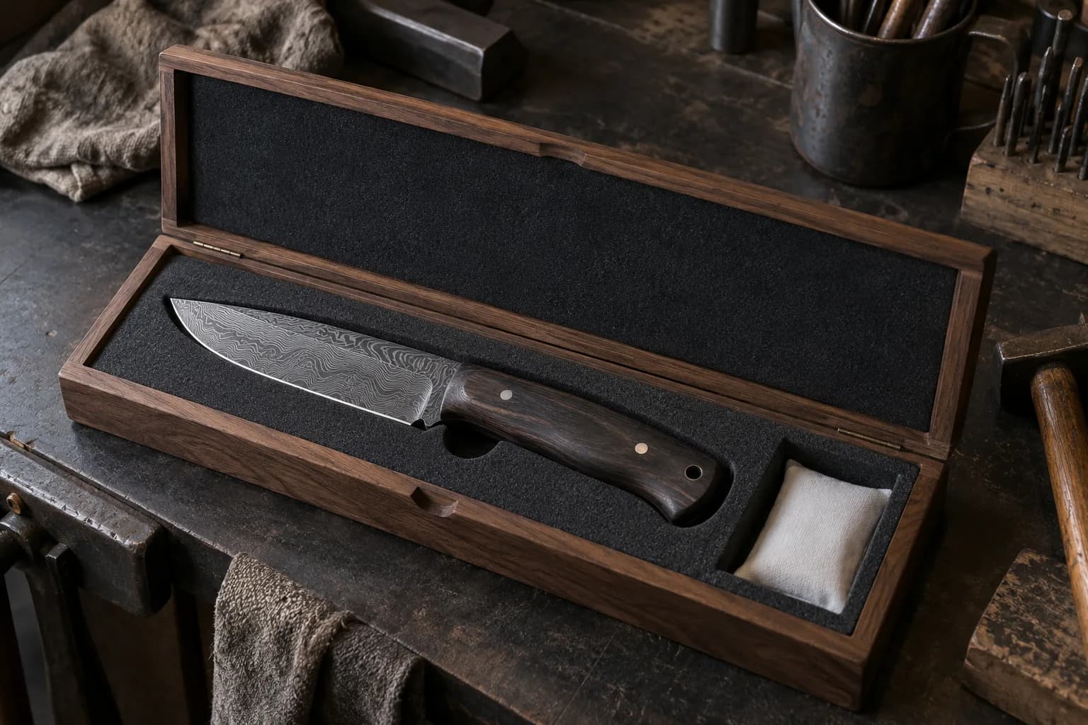 Damascus knife with dark wood handle in an open walnut case, foam recess, and a plain white desiccant pouch in a corner.