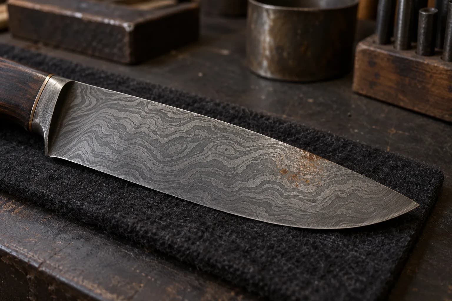 Etched Damascus blade on black felt with gray patina and a small patch of orange-brown rust specks near the tip.