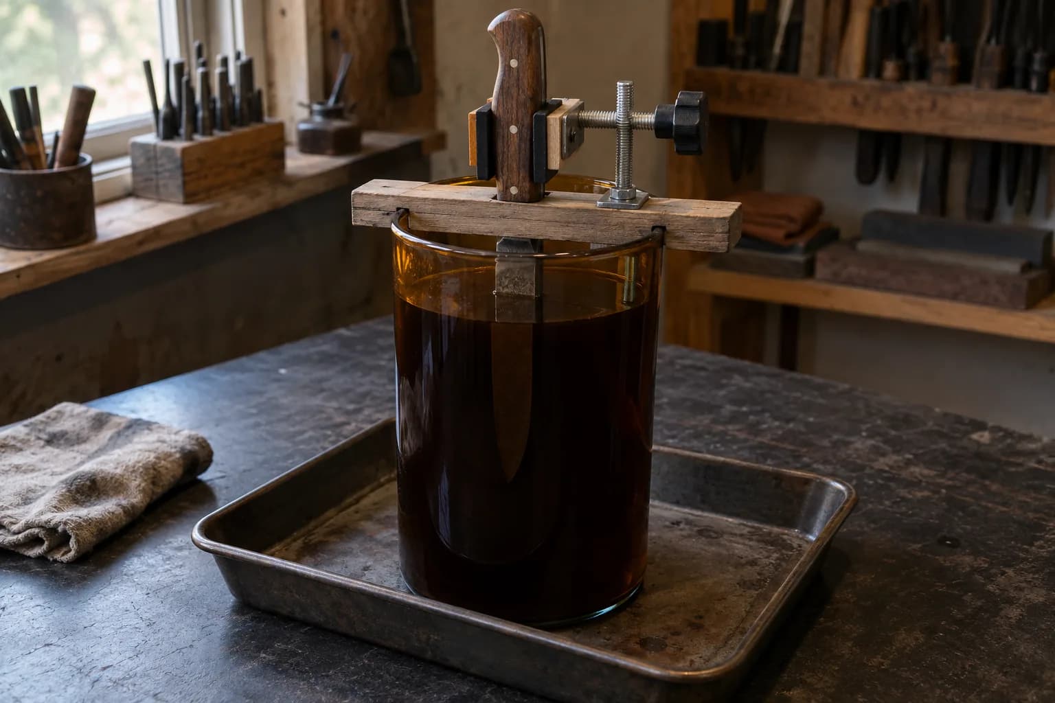 Knife hung blade-down in a tall jar of dark coffee, its wooden handle gripped in a padded clamp on a wood bridge above the liquid