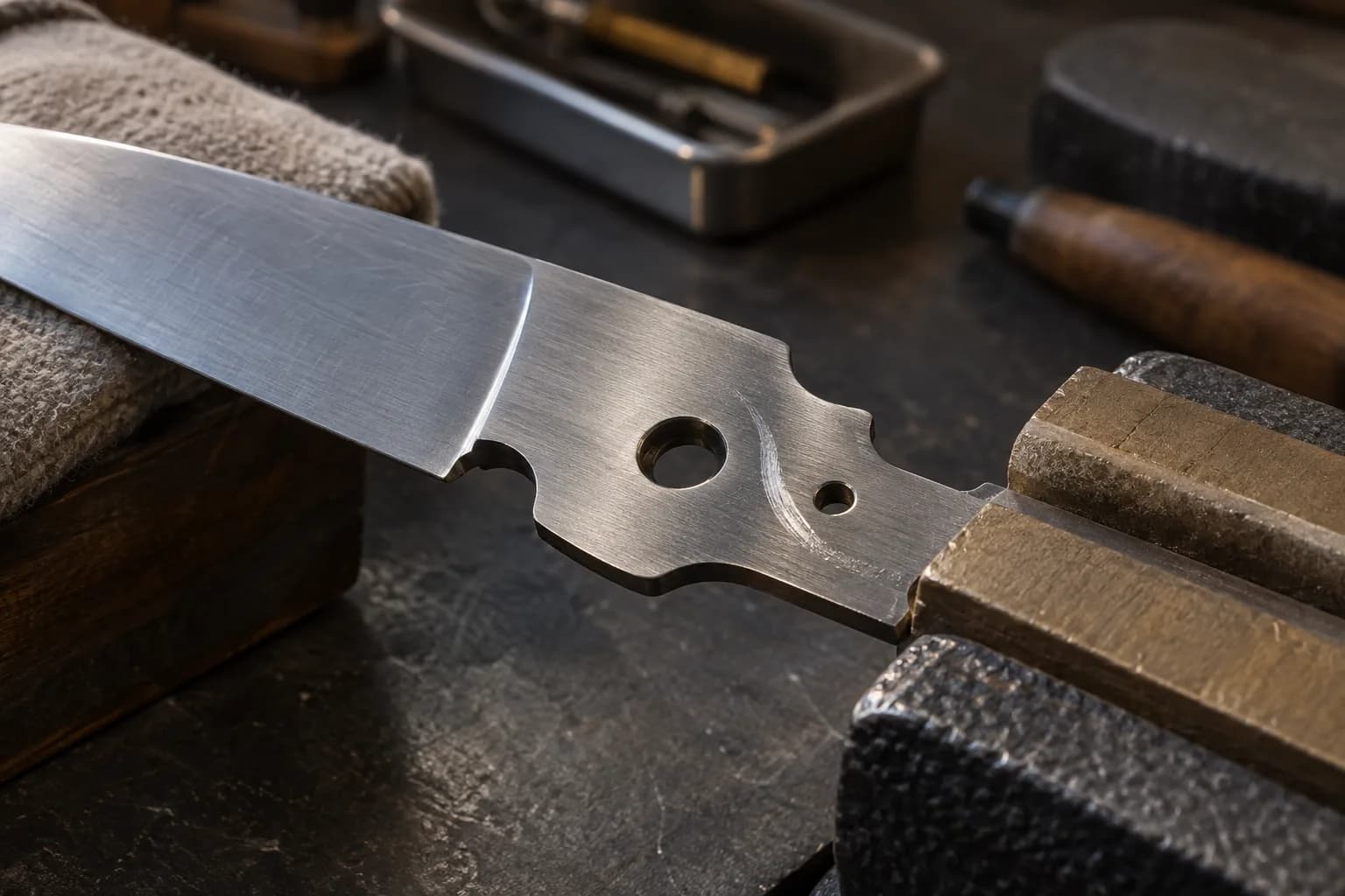 Folder blade tang in brass-jawed vise with a curved polished detent track arcing near the pivot hole.