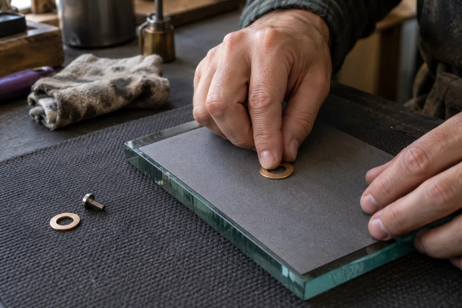 Fingertips pressing a bronze washer on an abrasive sheet over a glass plate, with a spare washer and screw nearby.
