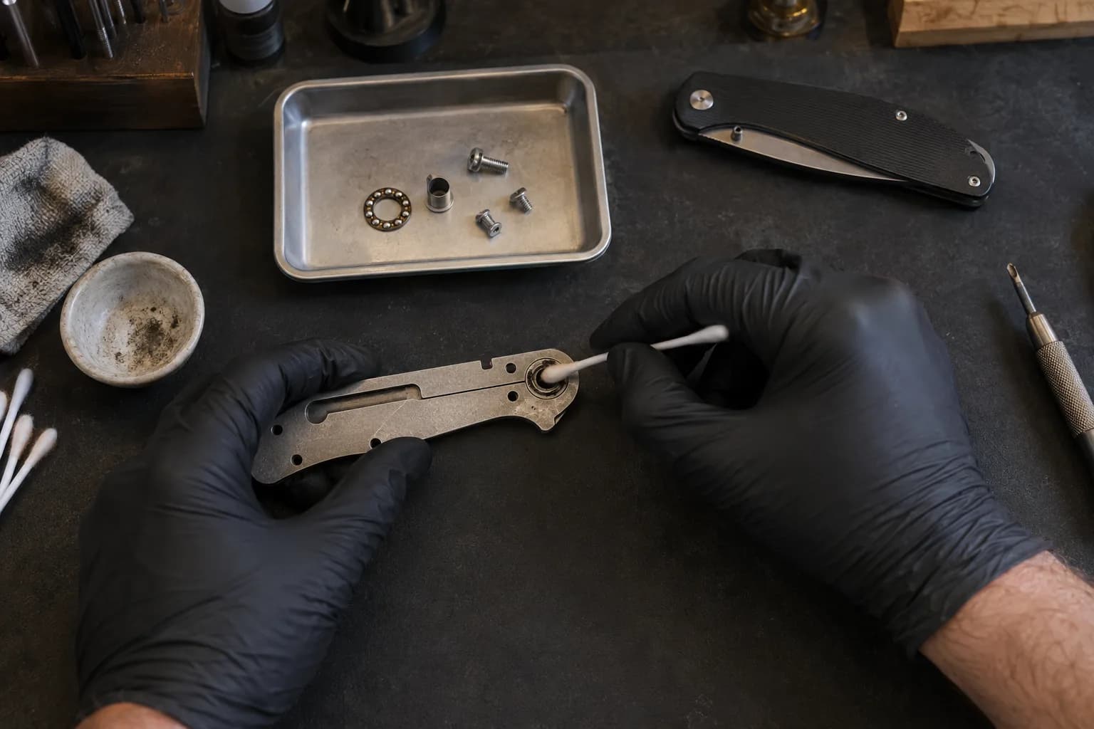 Gloved hands clean a folder liner's bearing seat with a cotton swab; bearing ring and screws sit in a tray behind.