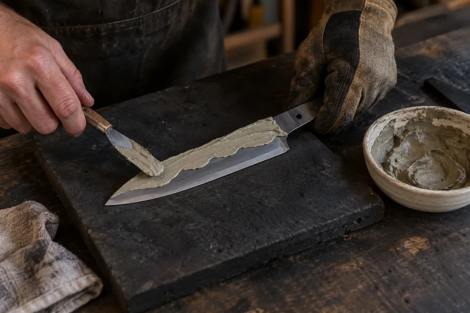 Spatula spreading wavy clay along a knife blank's spine on a refractory slab, edge left bare, clay dish beside it