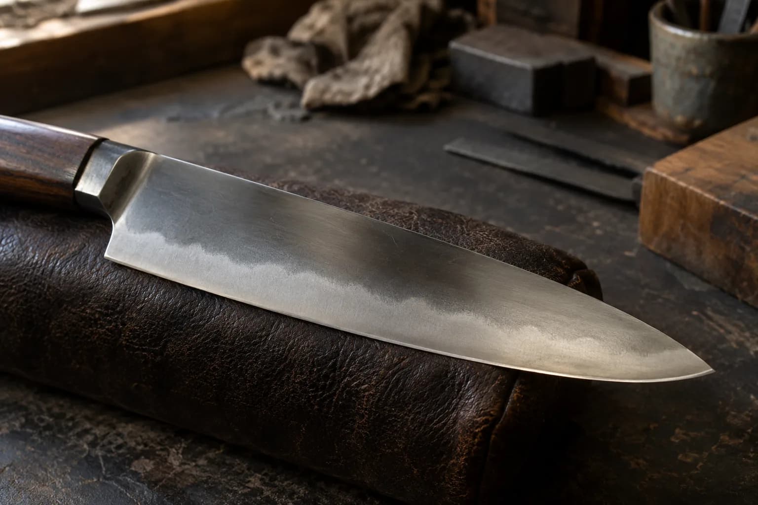 Polished carbon-steel chef's knife on a rolled leather pad, a soft cloudy hamon dividing frosty edge from darker spine