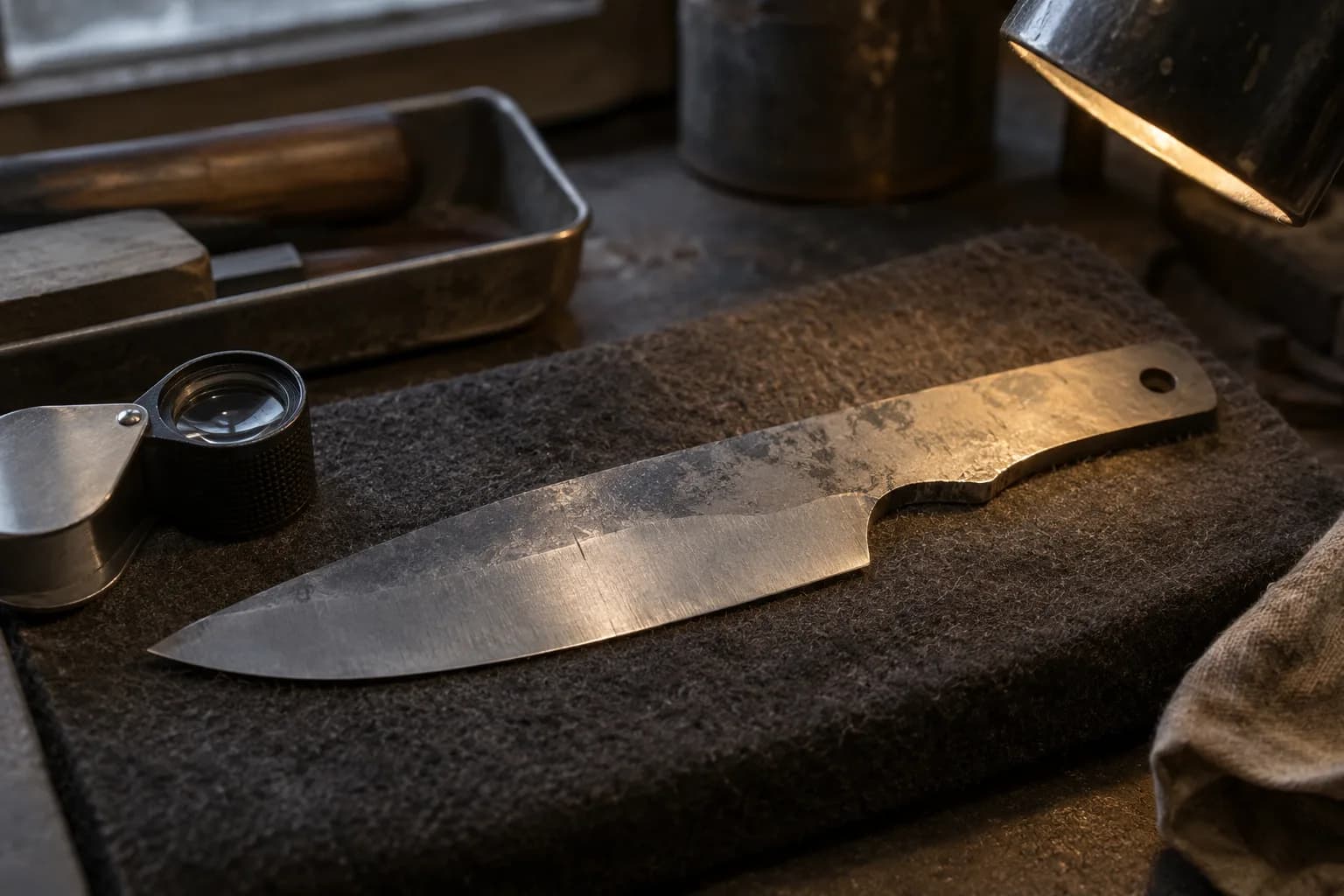 Rejected carbon-steel test blade on a felt pad with a fine hairline crack near its transition line, loupe and lamp beside it