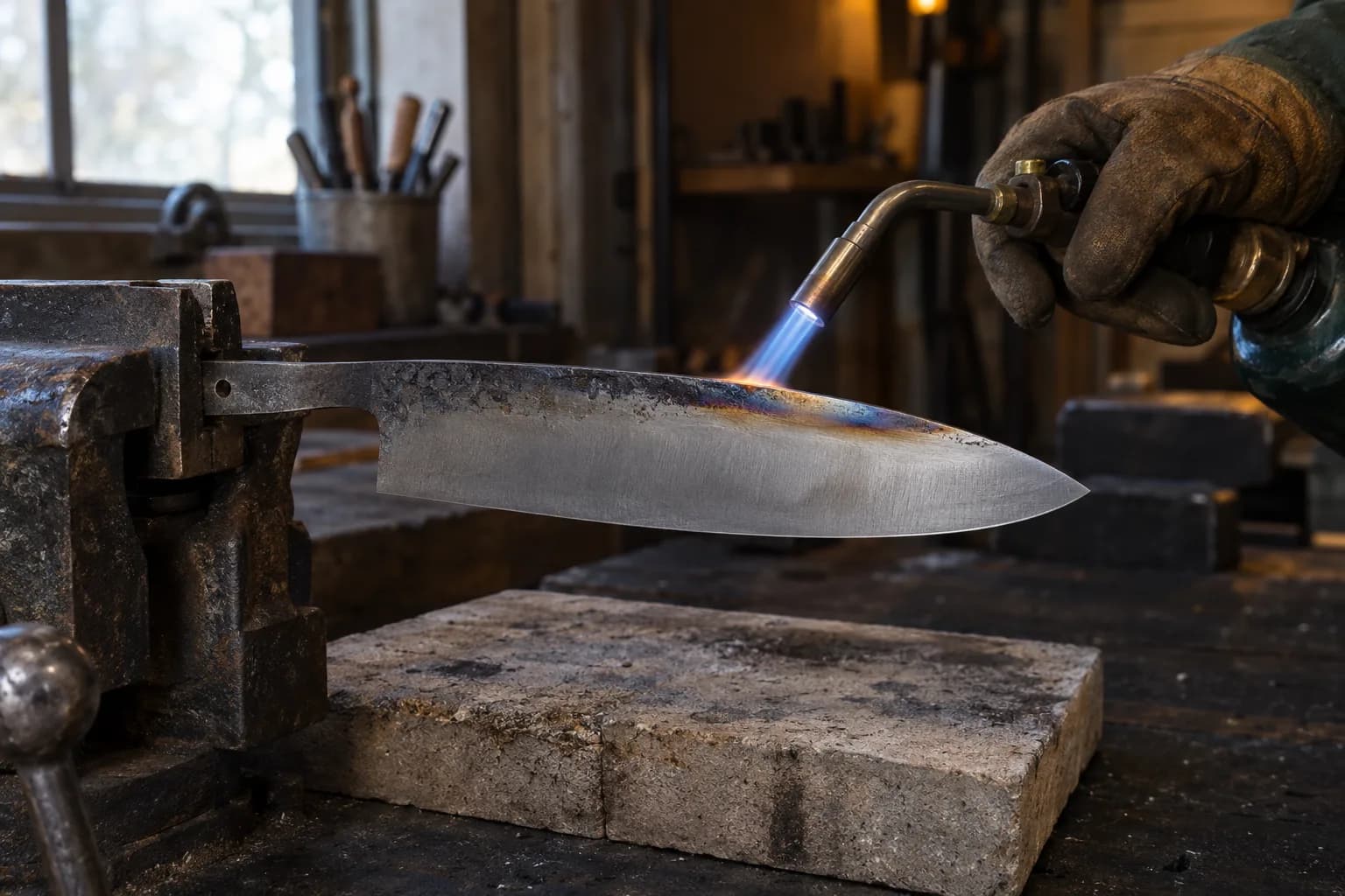 Gloved hand directing a small torch flame along the spine of a vise-clamped blade, temper colors spreading from the spine