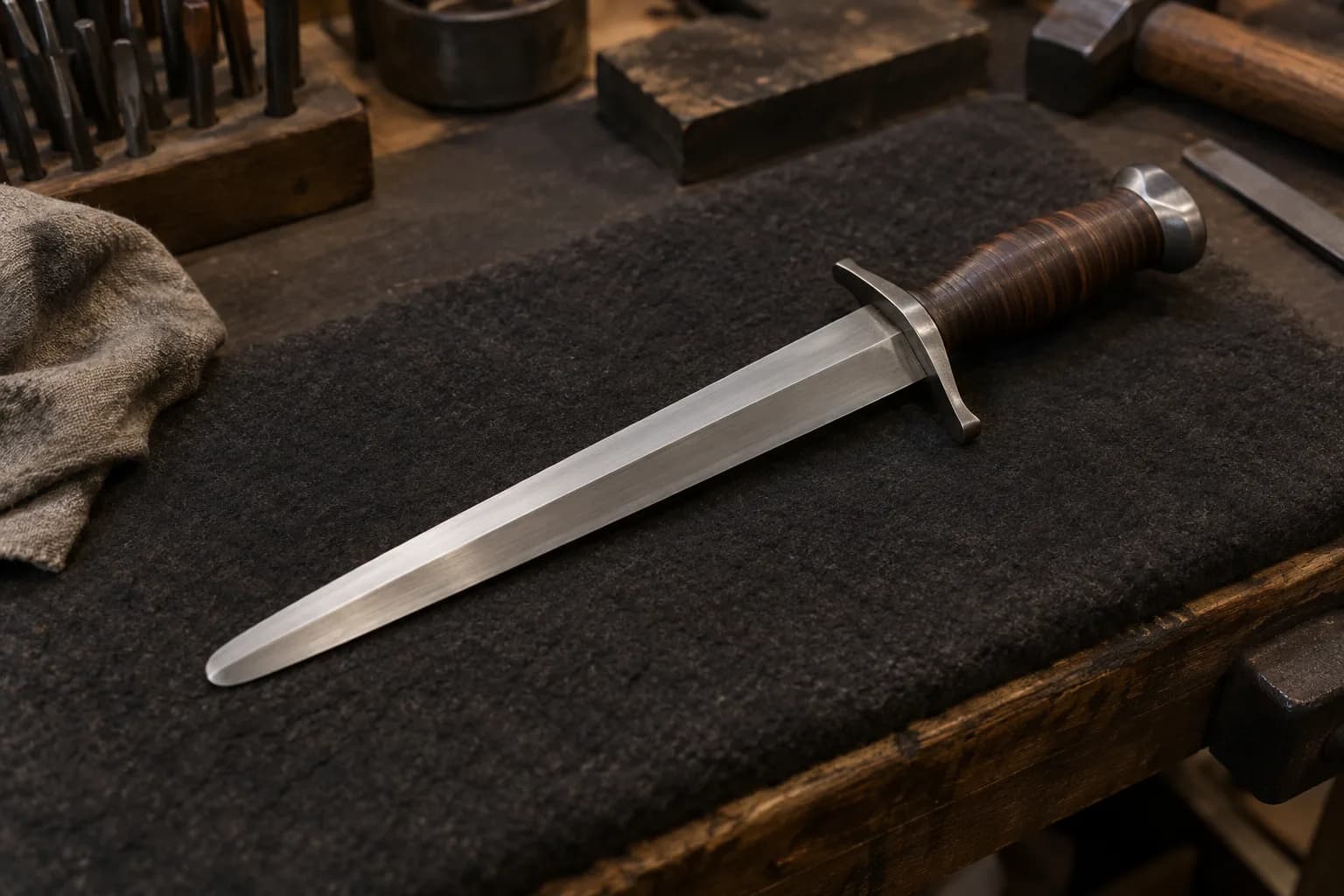 Plain dagger with brushed bevelled blade, rounded point, leather-stack grip and disc pommel lying on dark felt
