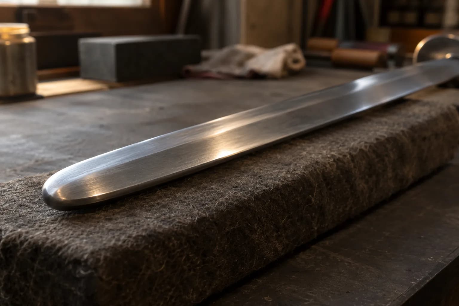Close side view of a straight steel sword blade end with a broad rounded tip resting on a gray felt block