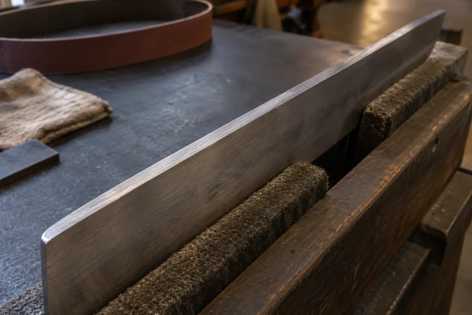 Bare blunt blade held edge-up in padded wooden jaws, showing an even edge flat and rounded end corner, with a belt loop and rag behind