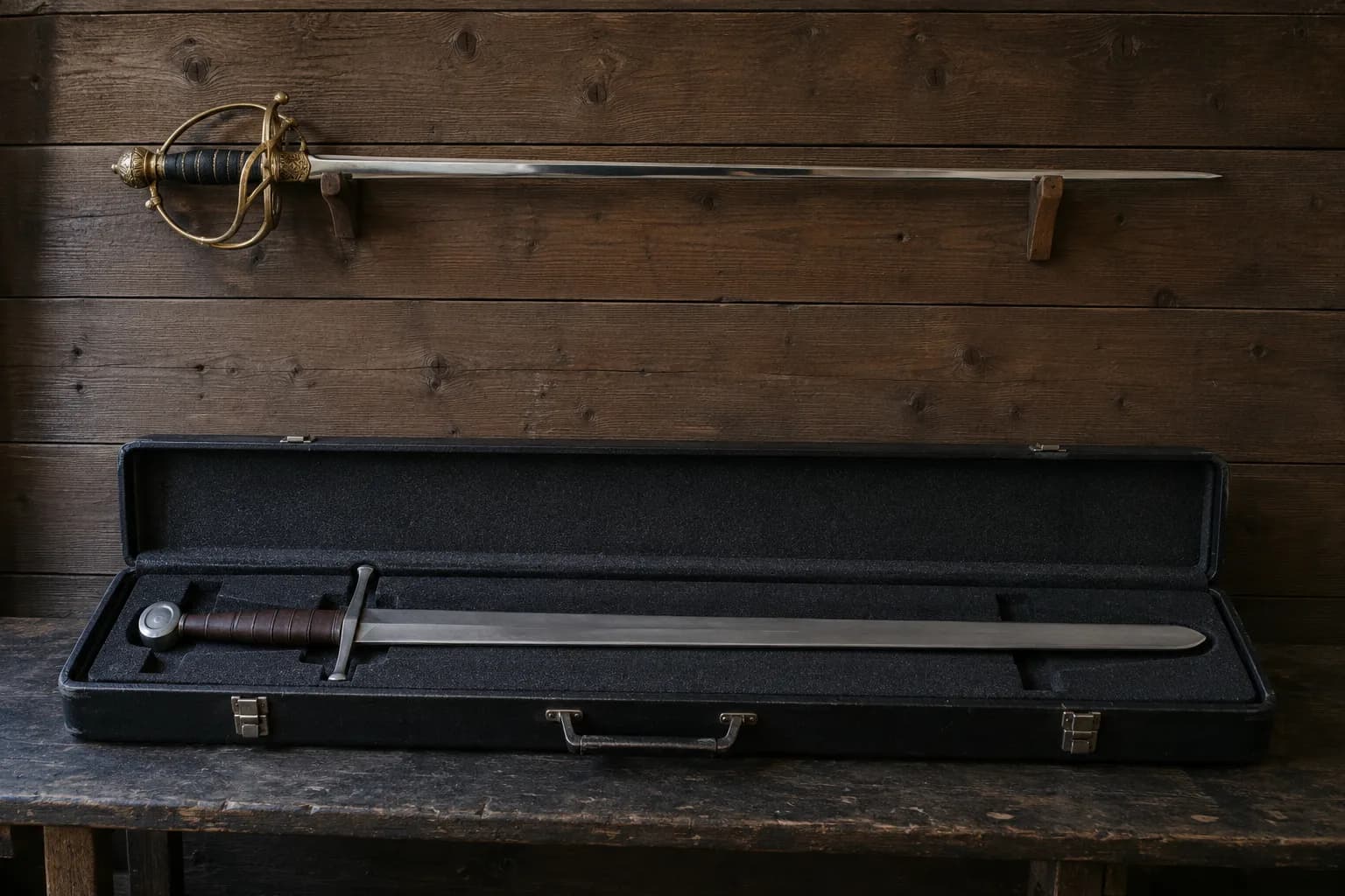 Slim brass-hilted costume sword on wall pegs above a plain stage sword with rounded tip in an open foam-lined black case