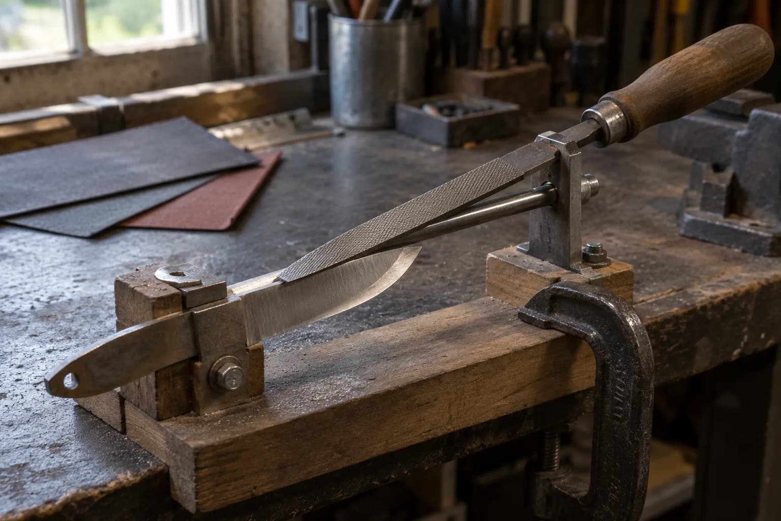 Knife blank clamped in a wood and steel filing jig with a handled file on a guide rod resting on the blade, sandpaper behind.