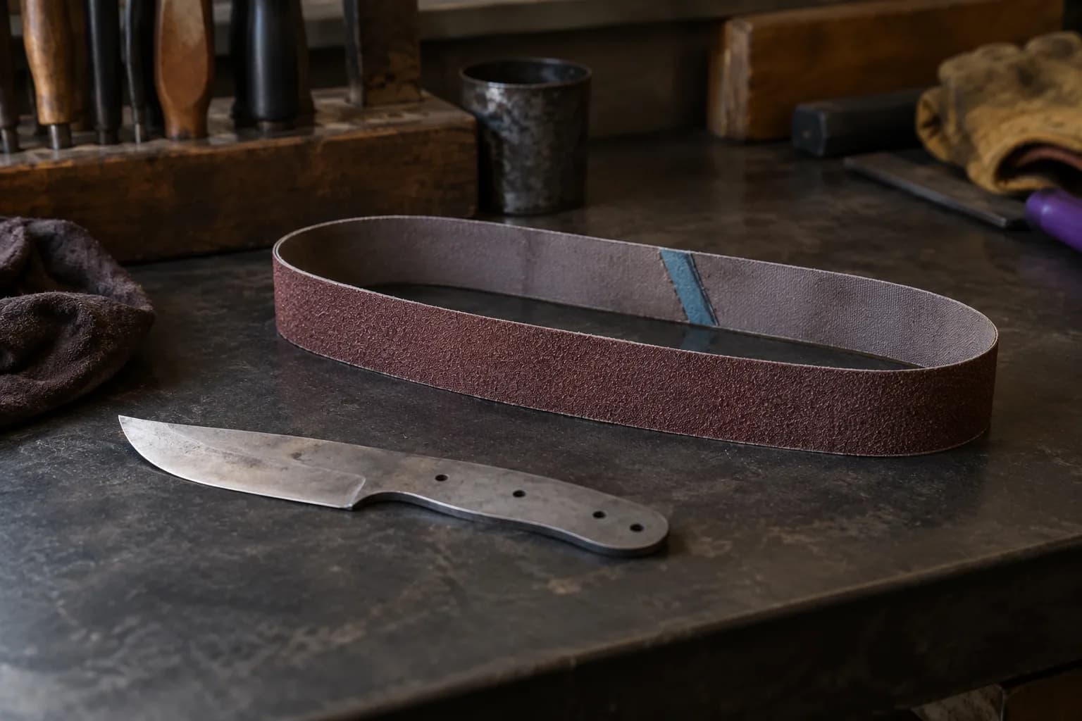 Narrow abrasive belt standing on edge in an oval beside a flat knife blank on a dark steel bench.