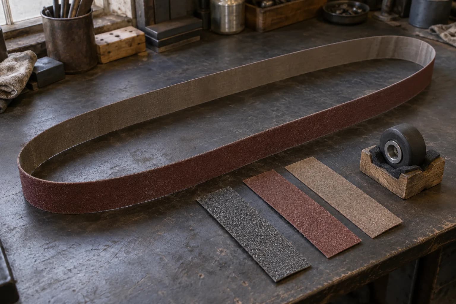 Long wide abrasive belt standing on edge in an oval beside three grit strips and a rubber contact wheel in a wooden cradle.