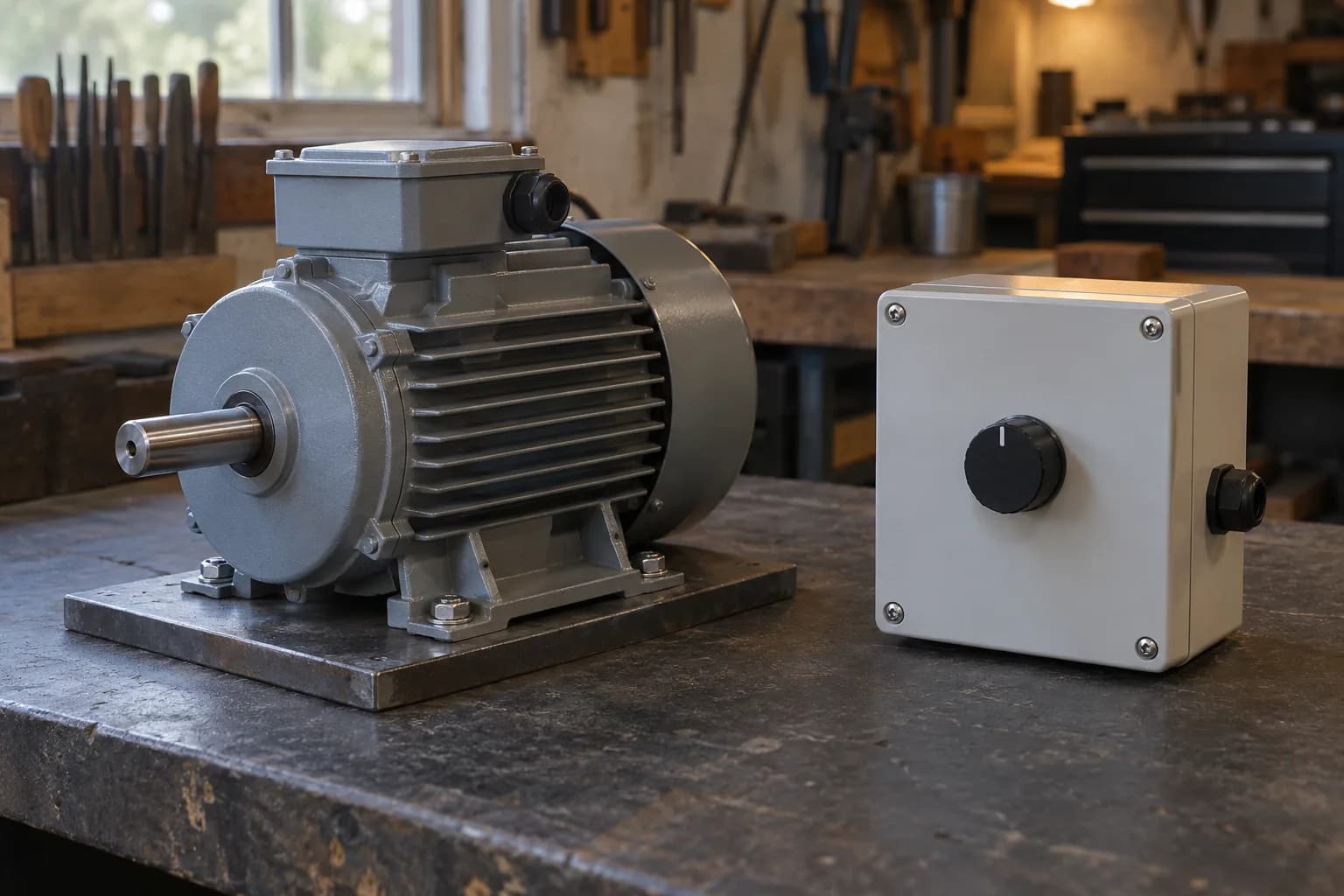 Gray finned electric motor bolted to a steel plate beside a closed gray control box with a black rotary knob, on a shop bench