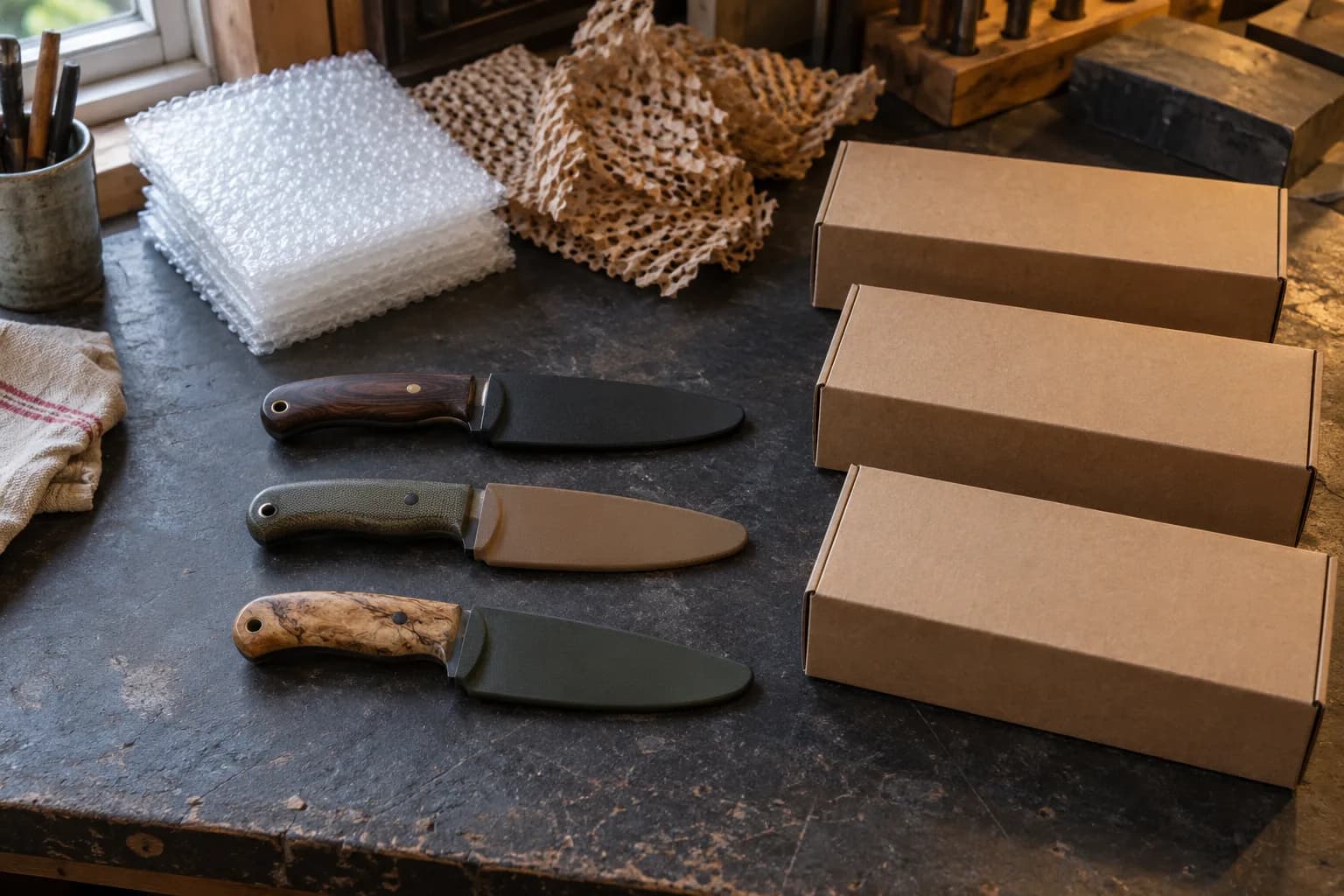 Three finished knives in black, tan and green sheaths laid beside three plain cardboard boxes and bubble wrap on a bench.