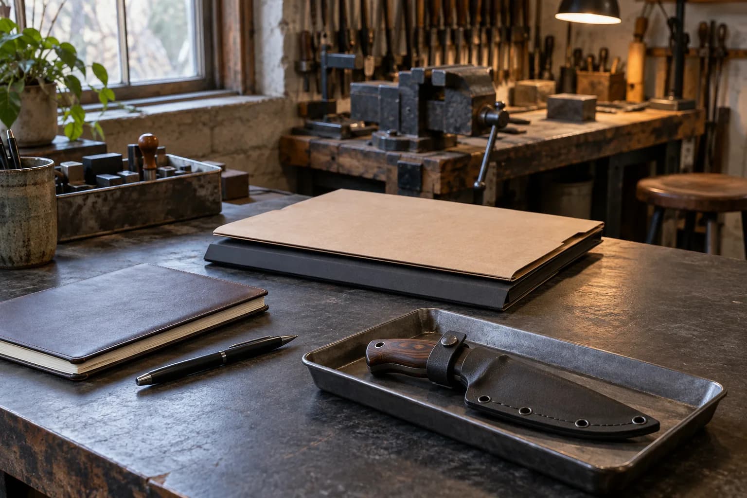 Sheathed knife on a metal tray beside a closed leather notebook, pen and plain folder on a shop desk with a vise behind.