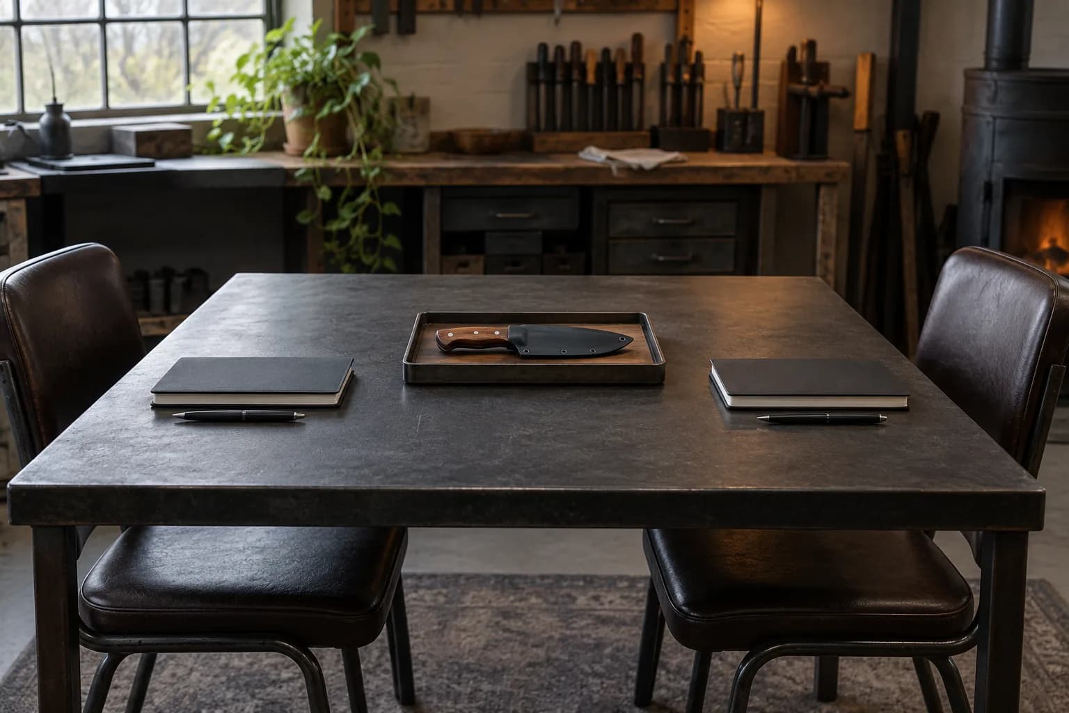 Small shop table with two facing leather chairs, a closed notebook and pen at each place, and a sheathed knife on a tray between.