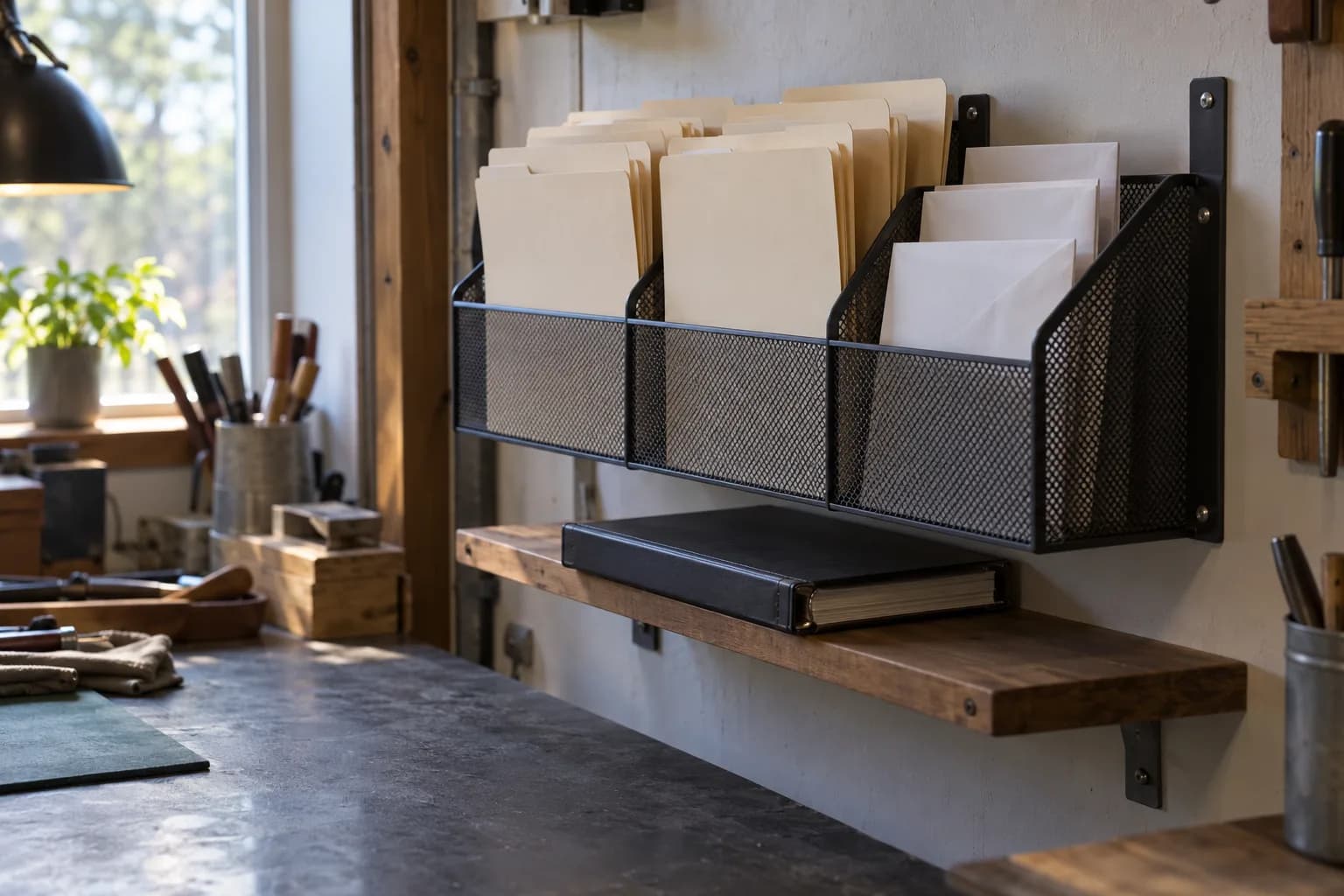 Wall-mounted black mesh rack holding blank manila folders and white envelopes above a closed black binder on a wooden shelf in a small workshop