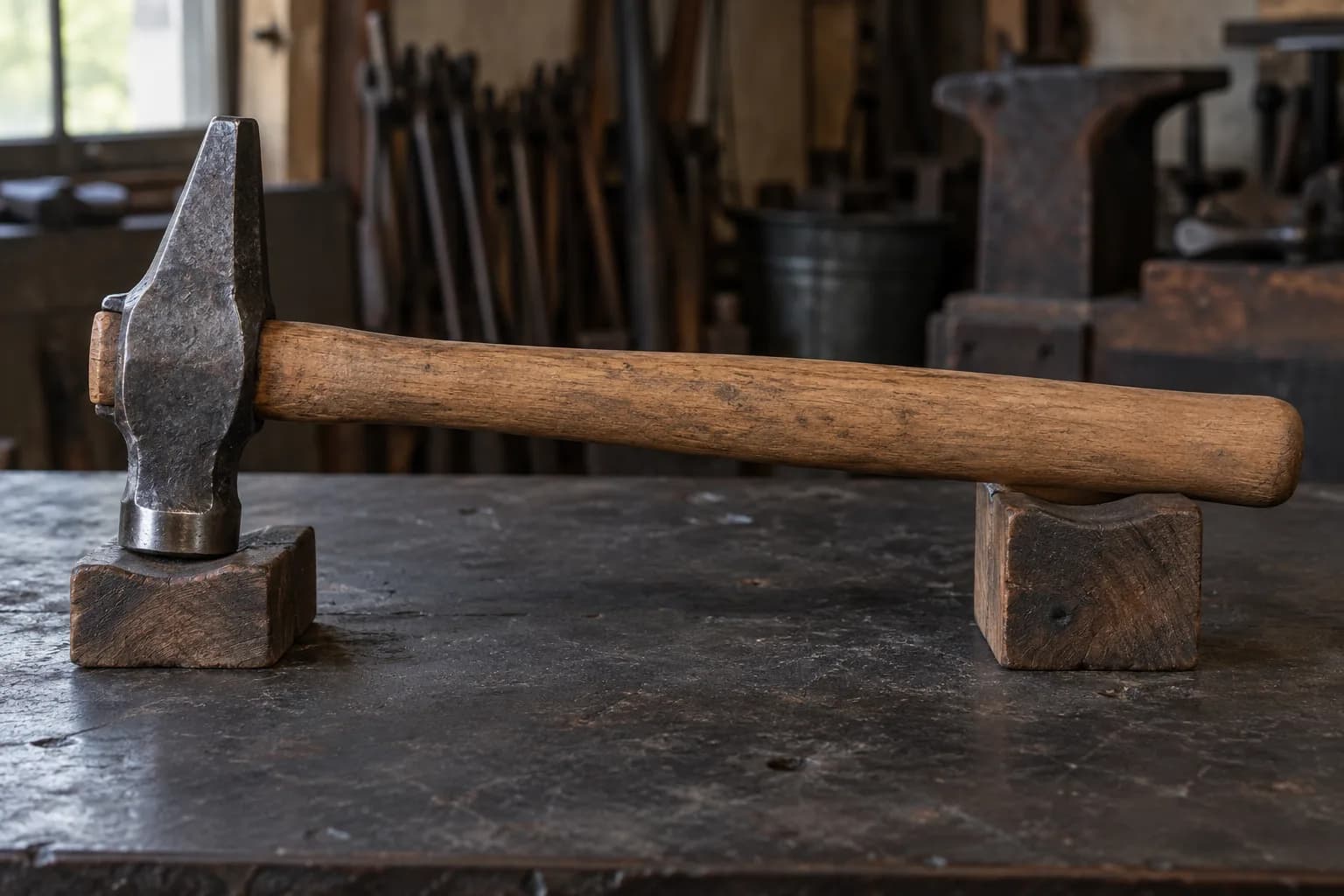 Forged hammer head standing on its face on a wooden block, its oak handle resting level on a second block on a dark bench.