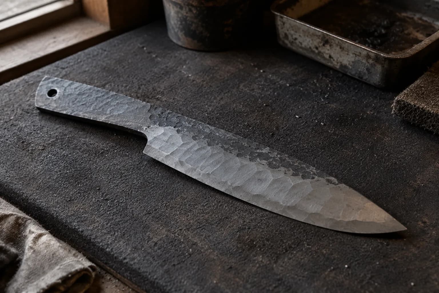 Cold forged knife blank with overlapping hammer facets on the bevel and dark scale along the spine, lying on a dark bench pad.