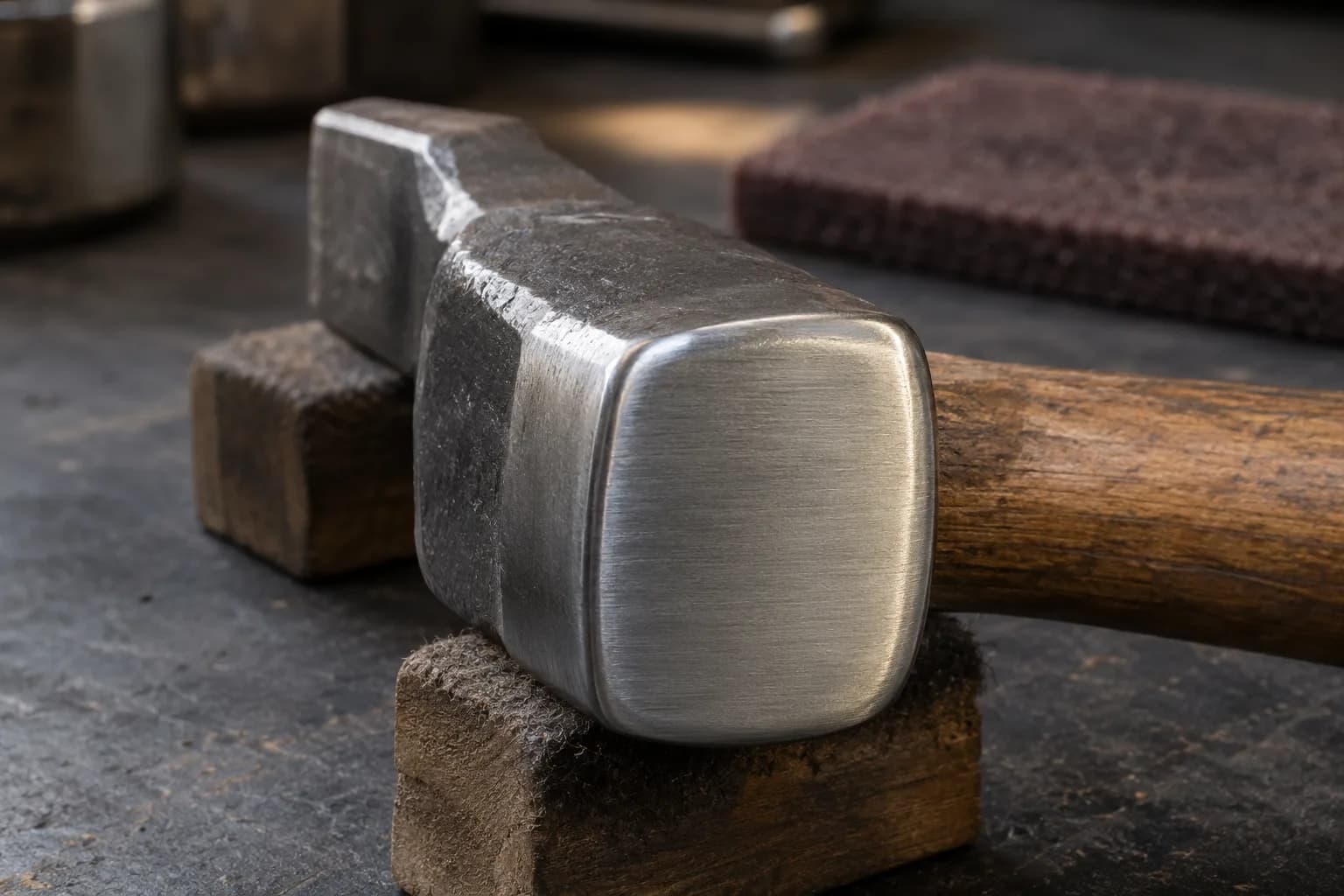 Flat polished striking face of a hammer with softly eased corners on wood blocks, abrasive pad behind.