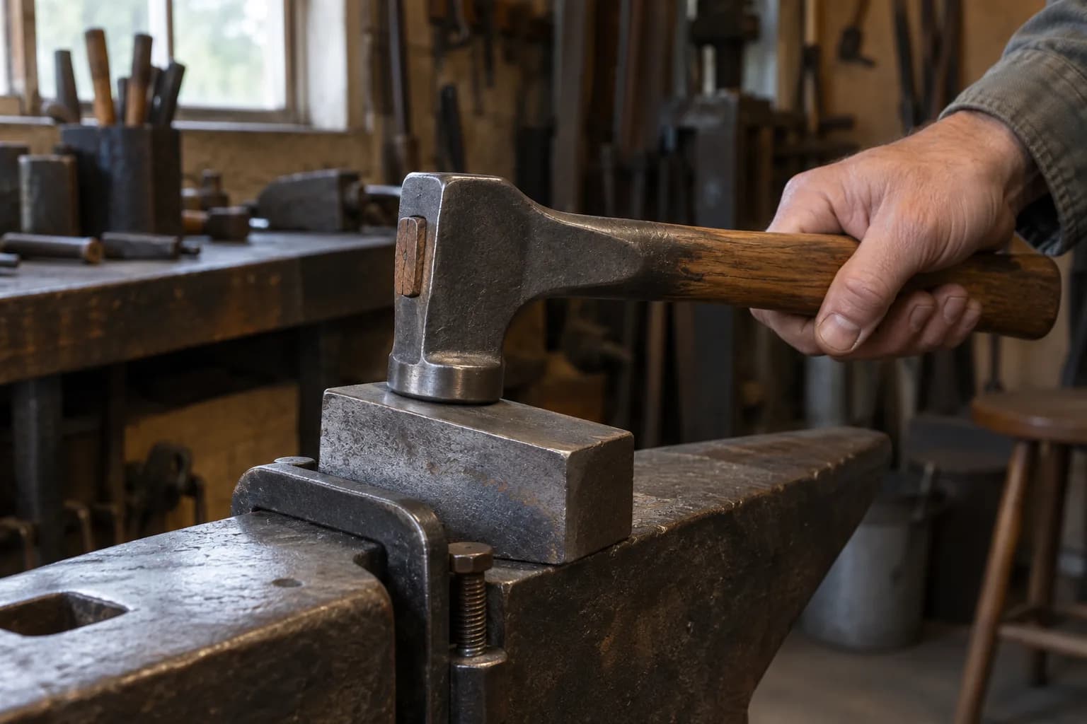 Bare hand holds a dog-head hammer by its oak handle, flat face resting square on a steel block clamped to an anvil.