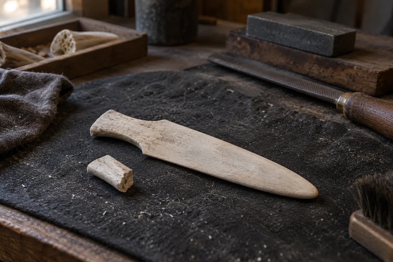 Plain unfinished bone dagger blank with rounded point beside a small bone offcut on a dark felt pad in a knife shop.