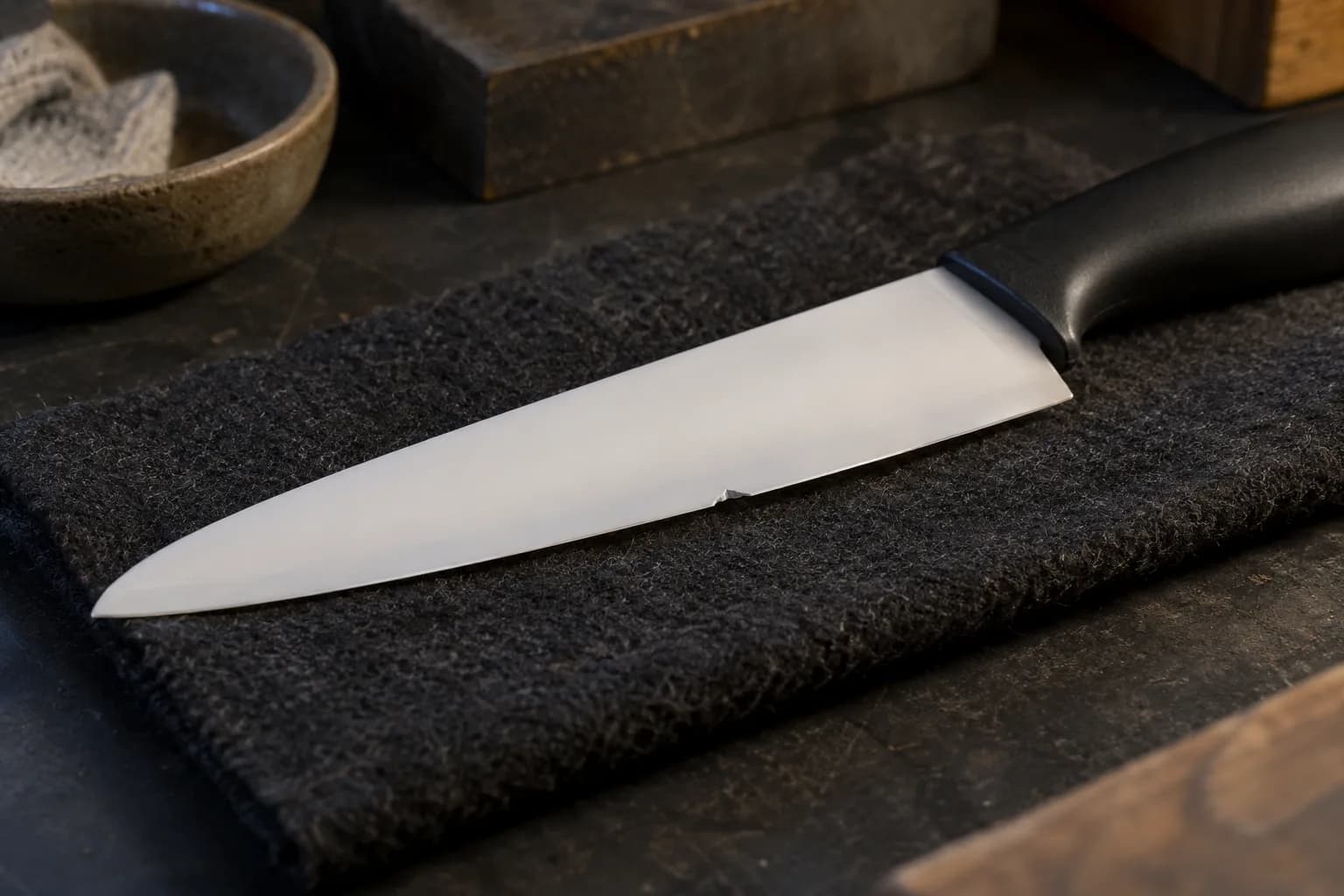 White ceramic knife with a small angular chip in the edge, lying on a dark wool pad on a worn shop bench.