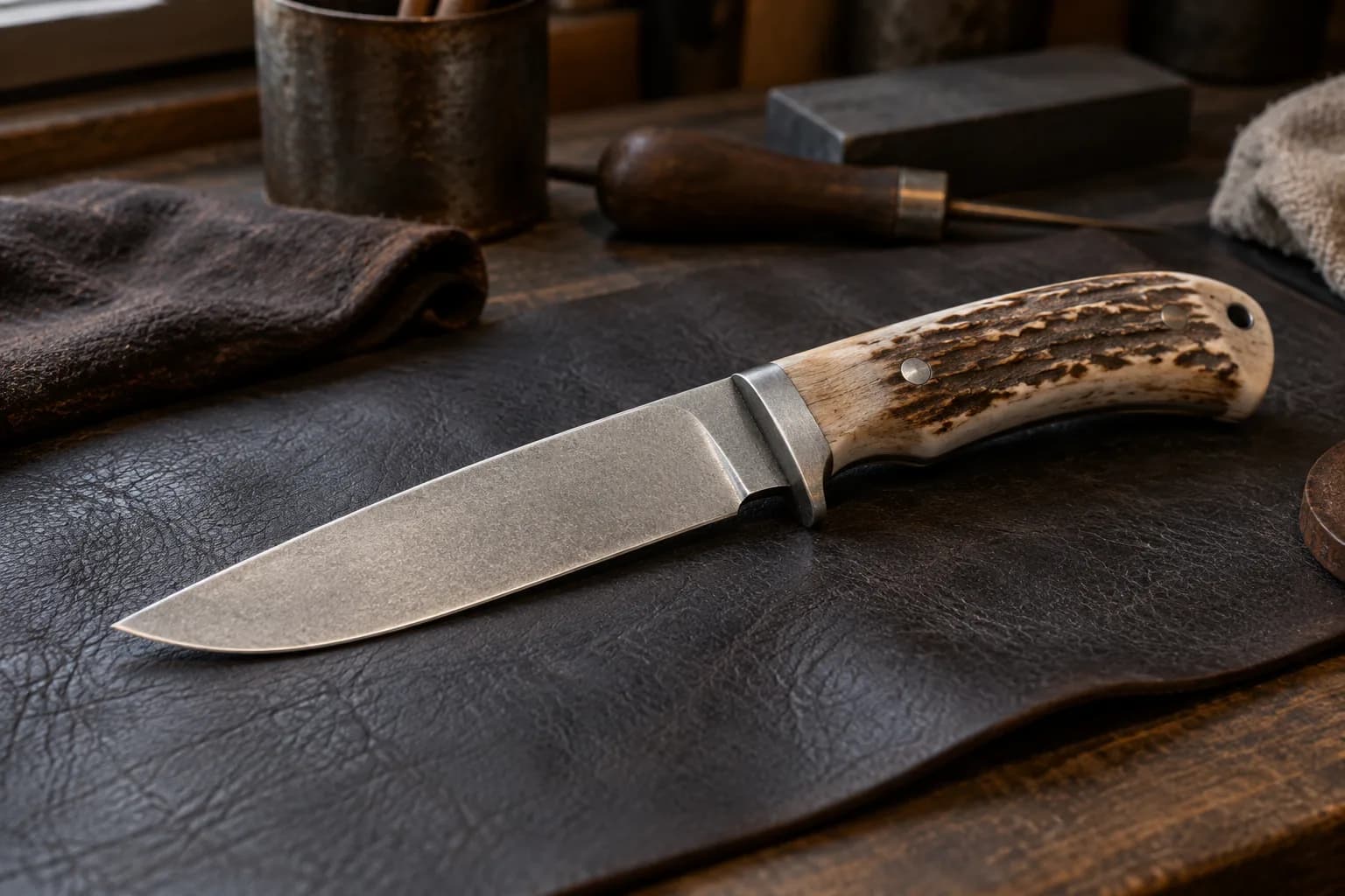 Stonewashed gray steel knife with a steel guard and pinned stag antler handle lying on dark brown leather in a workshop.