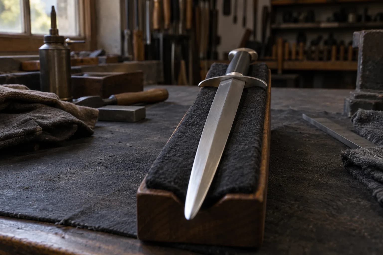 Slim steel training dagger with curved guard resting in a felt-lined wooden cradle on a dark bench, shot along the blade to the tip