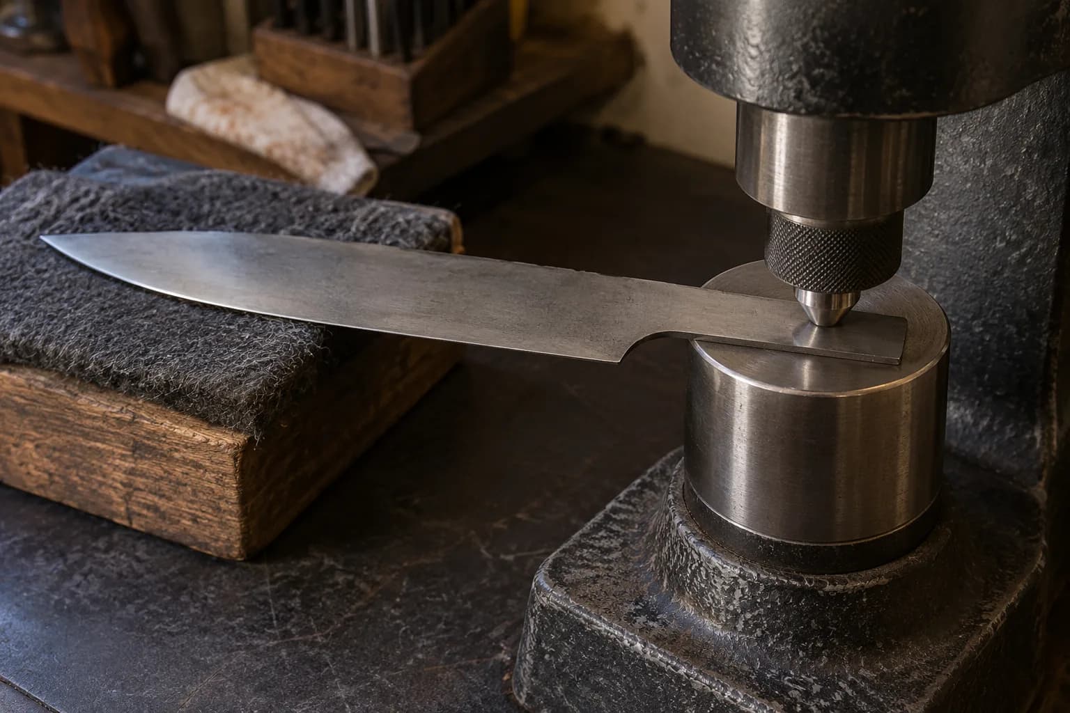 Plain knife blank with its tang flat on a hardness tester anvil under the indenter, the blade resting on a padded block.
